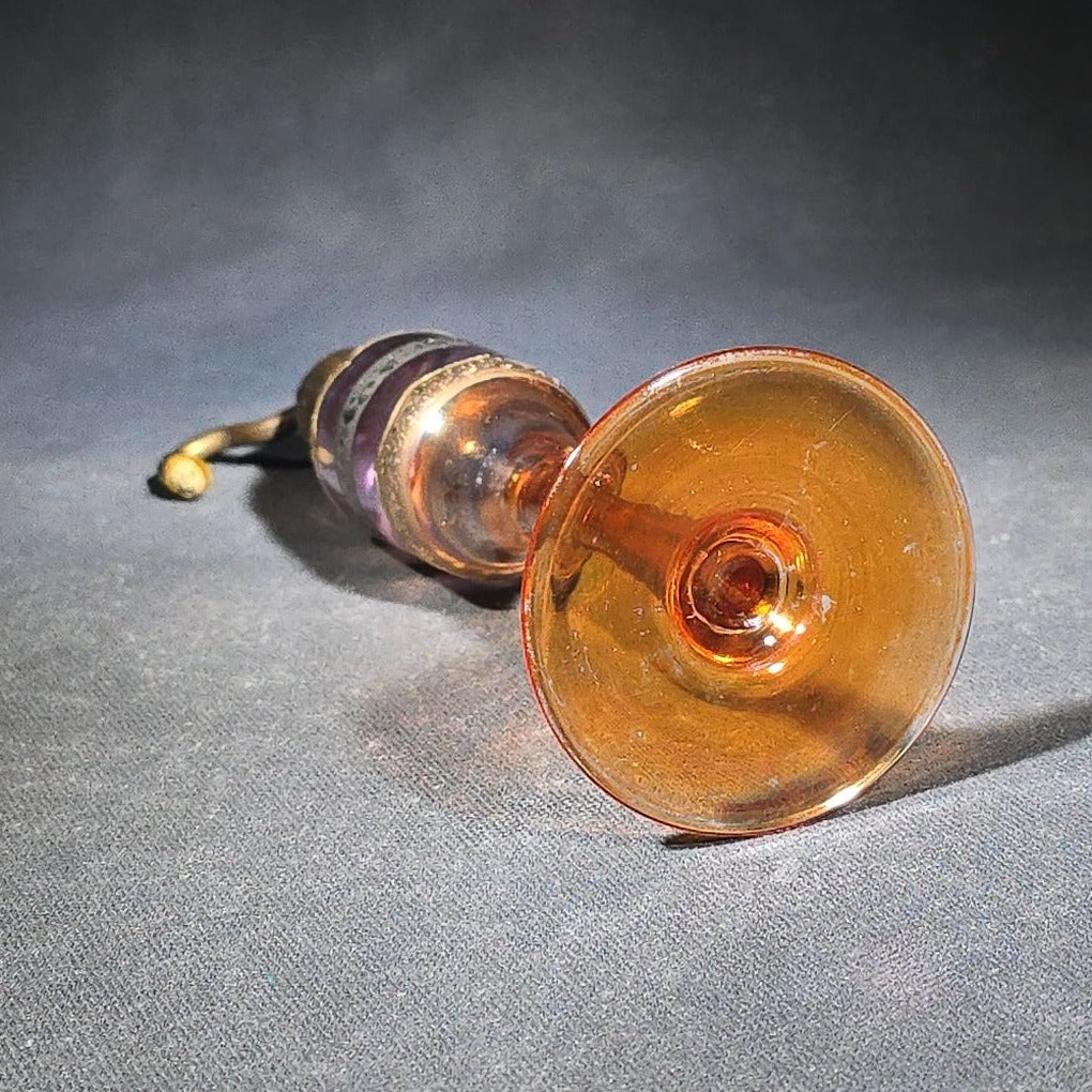 Vintage Pedestal Glass Perfume Atomizer with Gold and Silver Banding and Cobalt Blue Enamel, Marked "Made in Czecho-Slovakia"