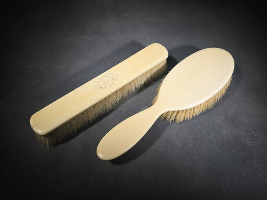 Pair of Antique Bone-Handled Dresser Brushes including a Hair Brush and a Clothes Brush with Engraved Monogram