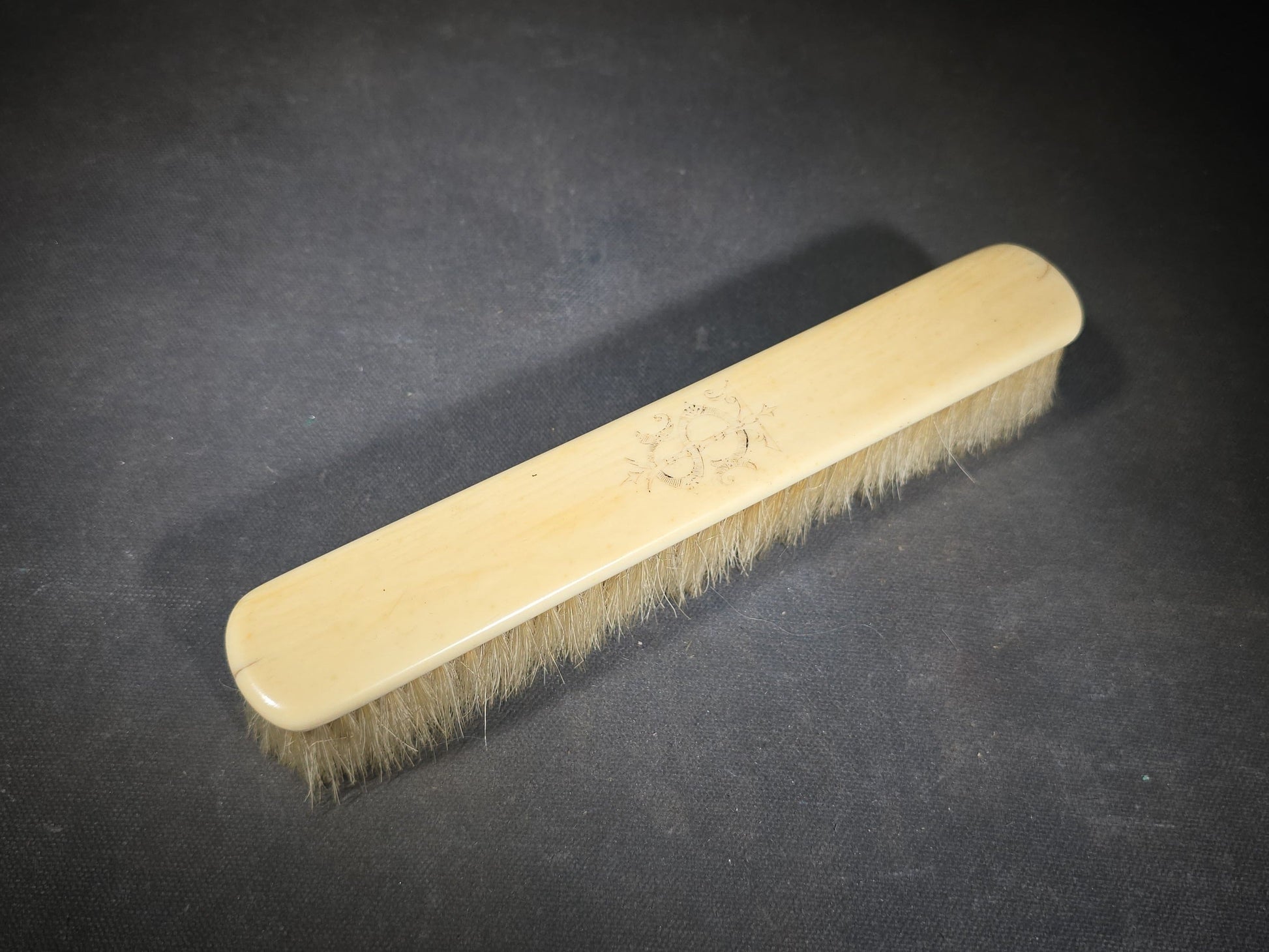 Pair of Antique Bone-Handled Dresser Brushes including a Hair Brush and a Clothes Brush with Engraved Monogram