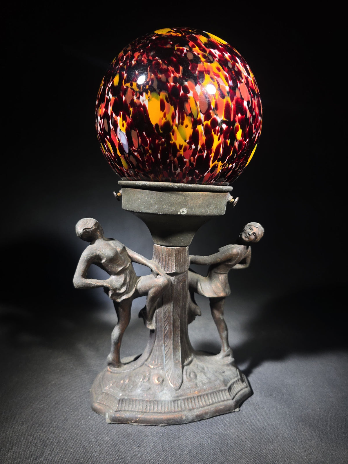 Vintage Art Deco Figural Table Lamp with Two Dancing Figures and Czechoslovakian Spatter Glass Globe Shade