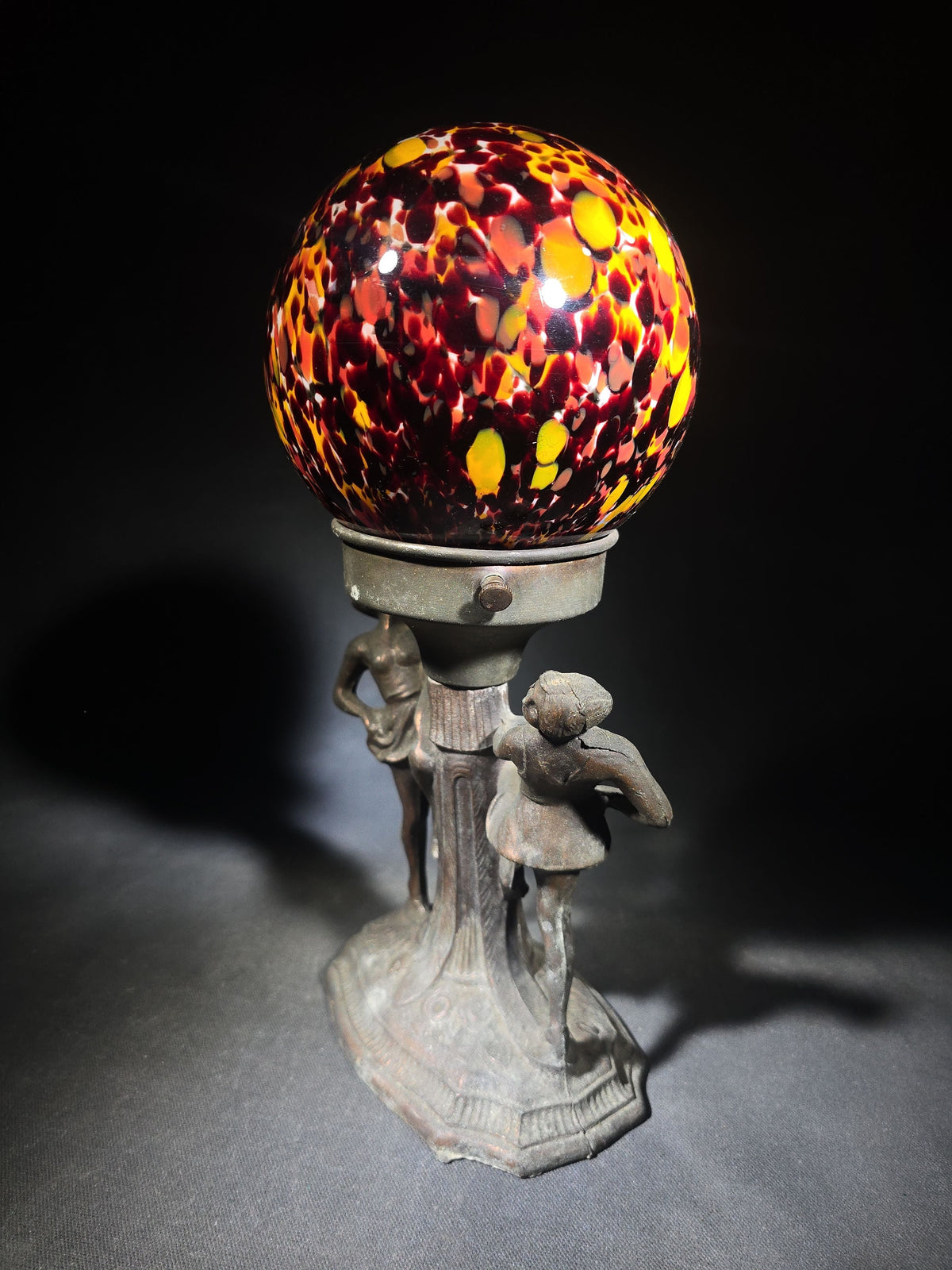 Vintage Art Deco Figural Table Lamp with Two Dancing Figures and Czechoslovakian Spatter Glass Globe Shade