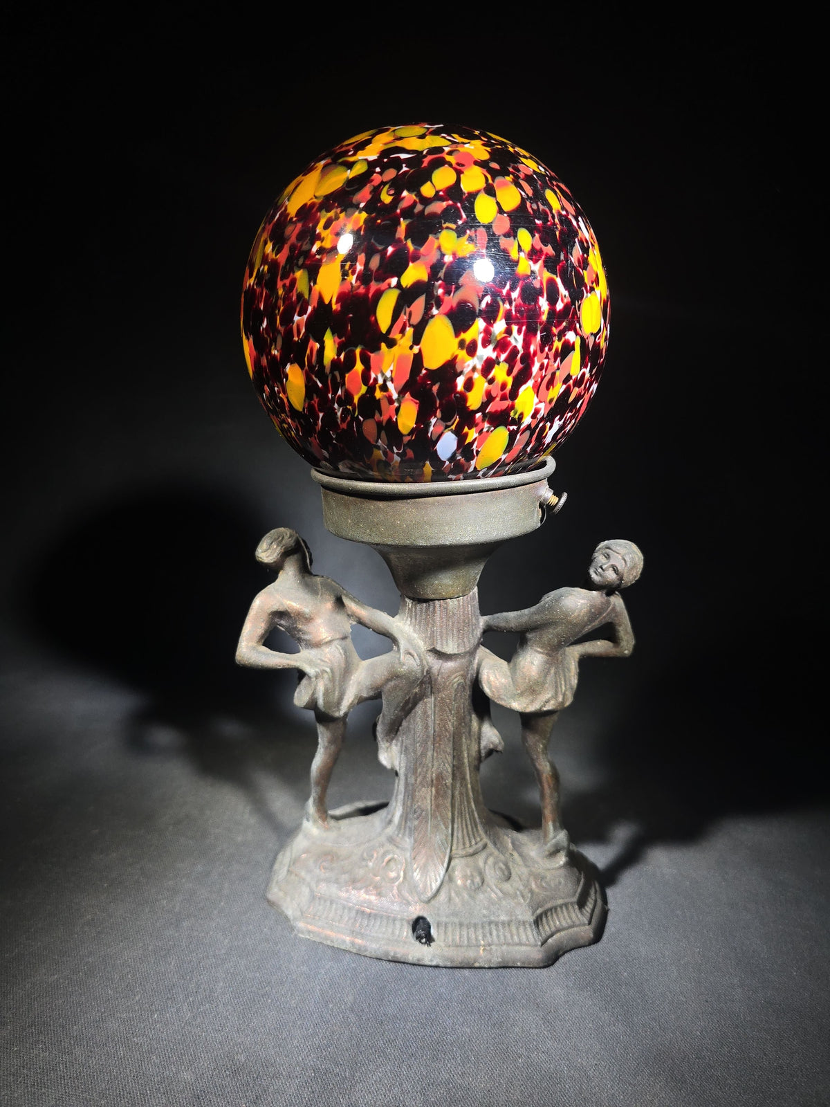 Vintage Art Deco Figural Table Lamp with Two Dancing Figures and Czechoslovakian Spatter Glass Globe Shade