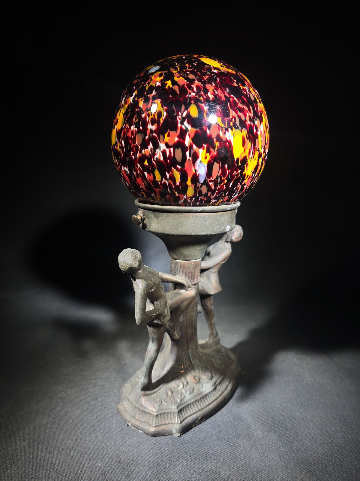 Vintage Art Deco Figural Table Lamp with Two Dancing Figures and Czechoslovakian Spatter Glass Globe Shade