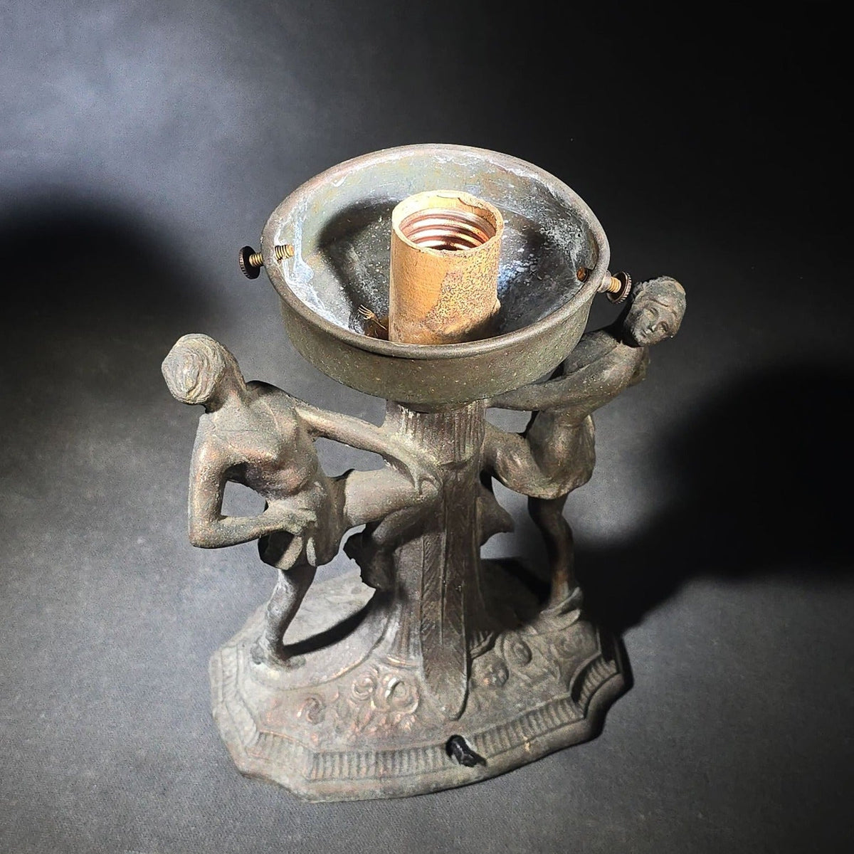 Vintage Art Deco Figural Table Lamp with Two Dancing Figures and Czechoslovakian Spatter Glass Globe Shade