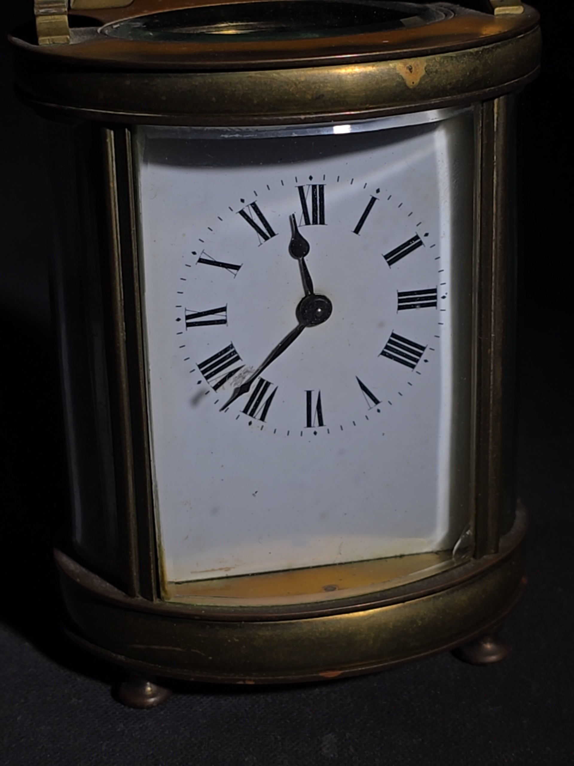 Antique French Brass Oval Carriage Clock with Five Beveled Glass Panels and Roman Numeral Dial, France, Chipped