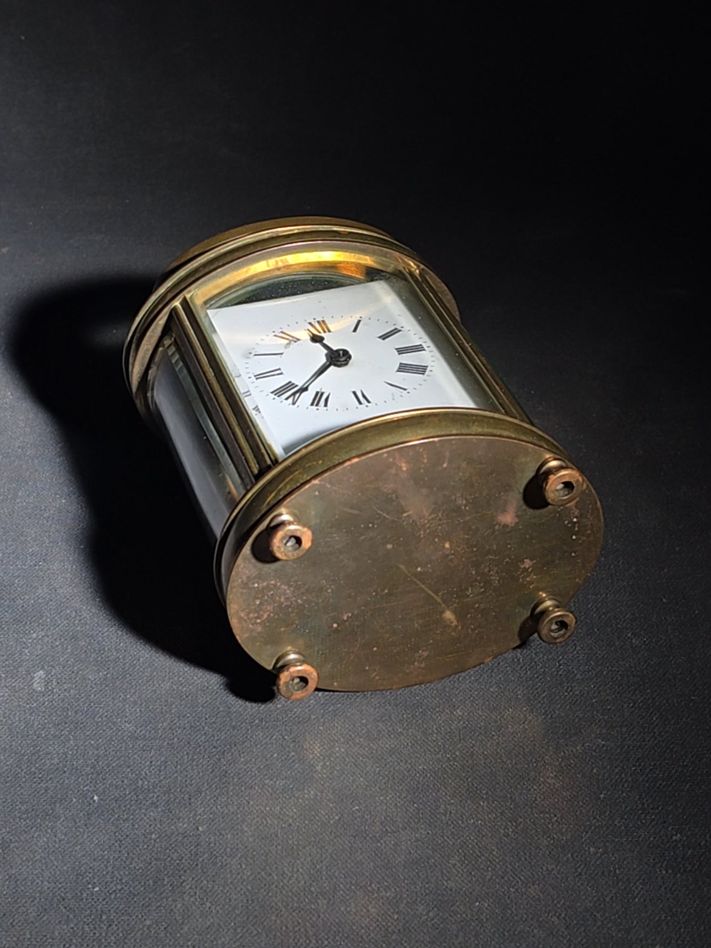 Antique French Brass Oval Carriage Clock with Five Beveled Glass Panels and Roman Numeral Dial, France, Chipped