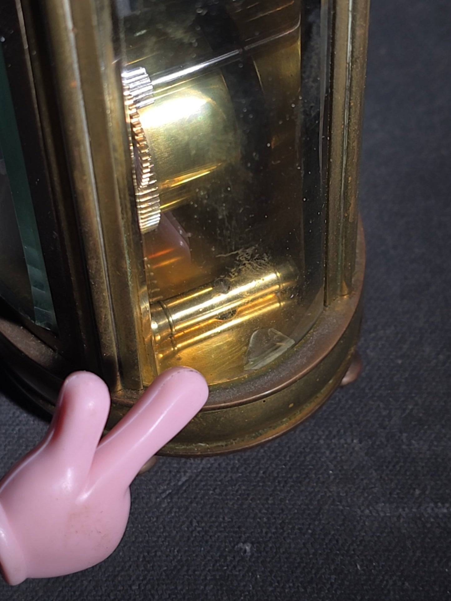 Antique French Brass Oval Carriage Clock with Five Beveled Glass Panels and Roman Numeral Dial, France, Chipped