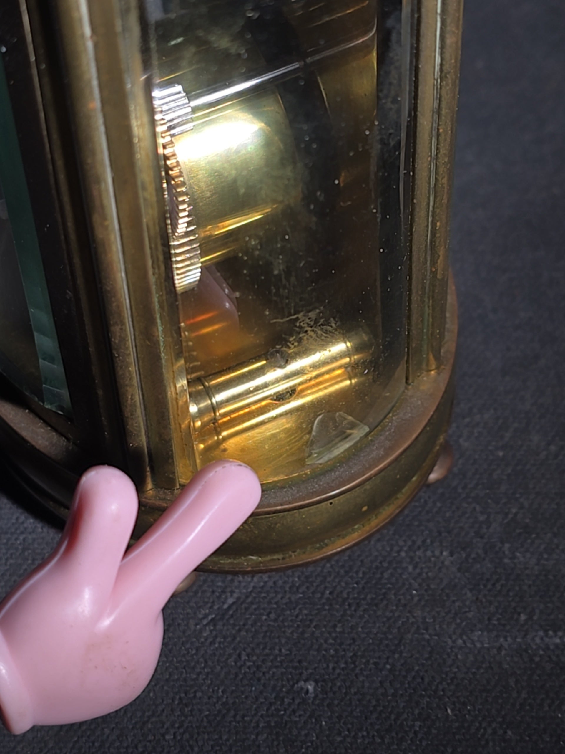 Antique French Brass Oval Carriage Clock with Five Beveled Glass Panels and Roman Numeral Dial, France, Chipped