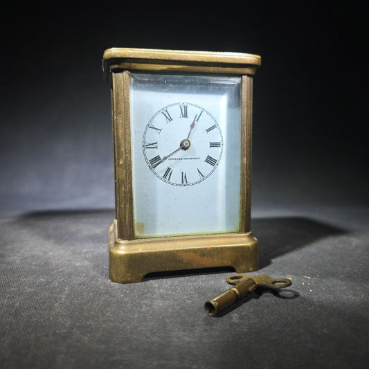 Antique Waterbury Clock Co. No. 60 Eight-Day Brass Carriage Clock with Jeweled Movement, Roman Numeral Dial, and Key