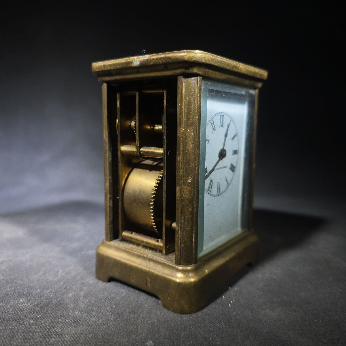 Antique Waterbury Clock Co. No. 60 Eight-Day Brass Carriage Clock with Jeweled Movement, Roman Numeral Dial, and Key
