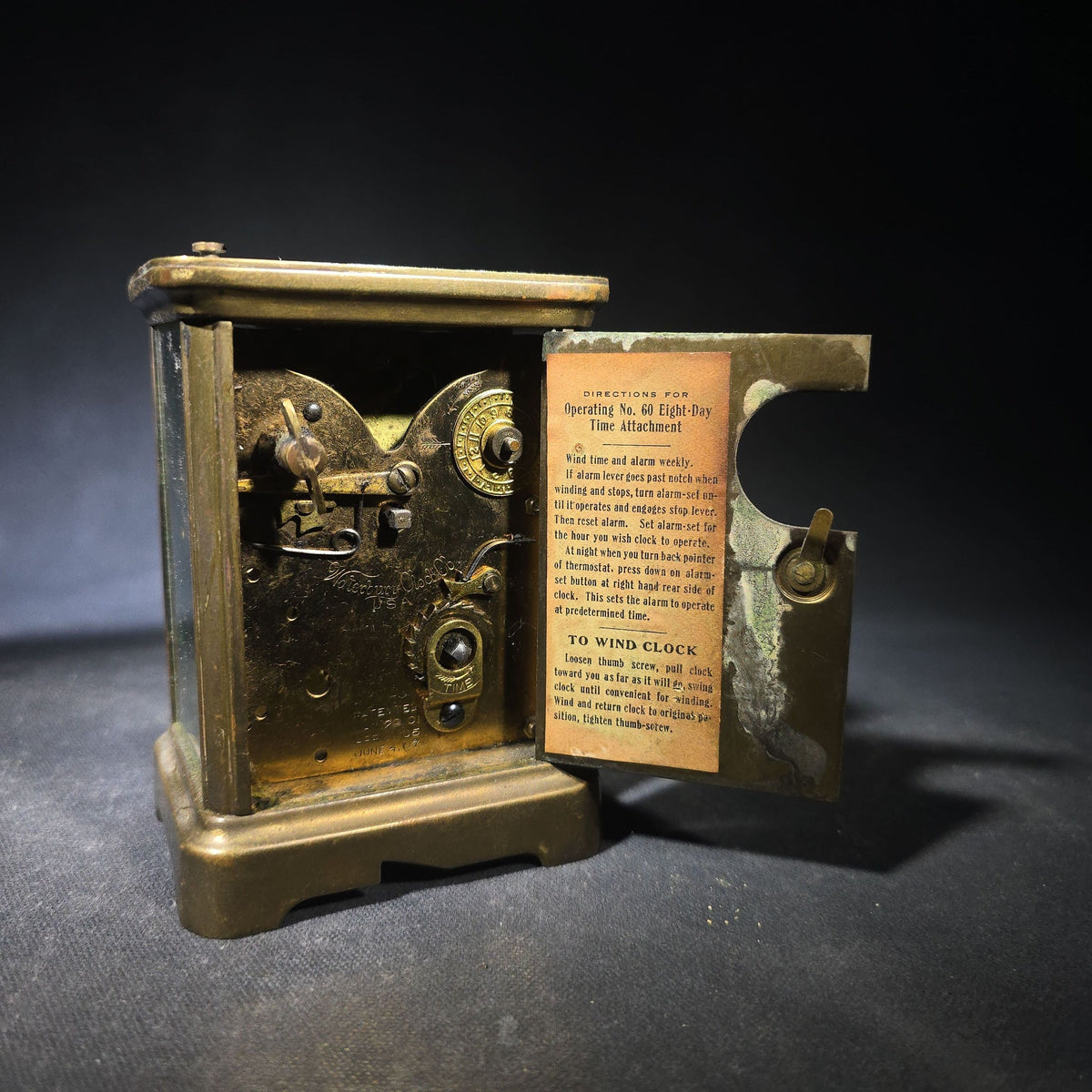 Antique Waterbury Clock Co. No. 60 Eight-Day Brass Carriage Clock with Jeweled Movement, Roman Numeral Dial, and Key