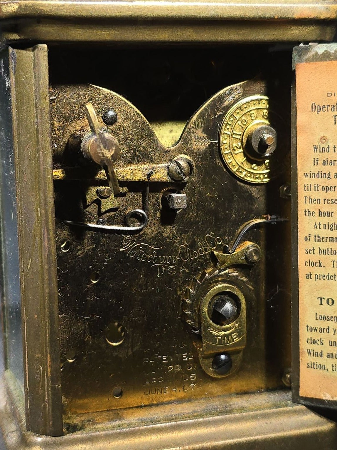 Antique Waterbury Clock Co. No. 60 Eight-Day Brass Carriage Clock with Jeweled Movement, Roman Numeral Dial, and Key