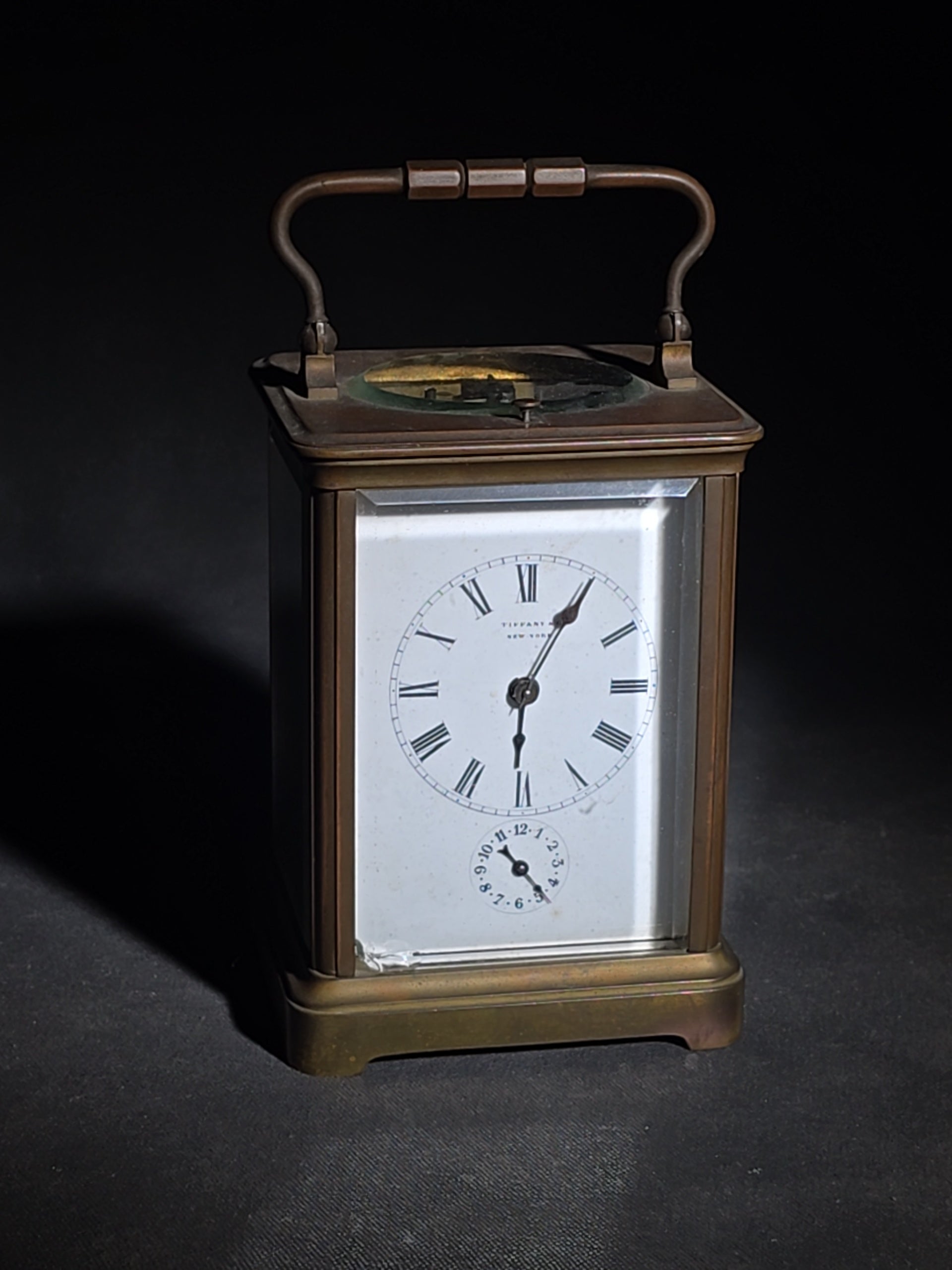 Antique Tiffany & Co. Brass Carriage Clock with Alarm, Beveled Glass Panels, and Roman Numeral Dial, New York, Chipped