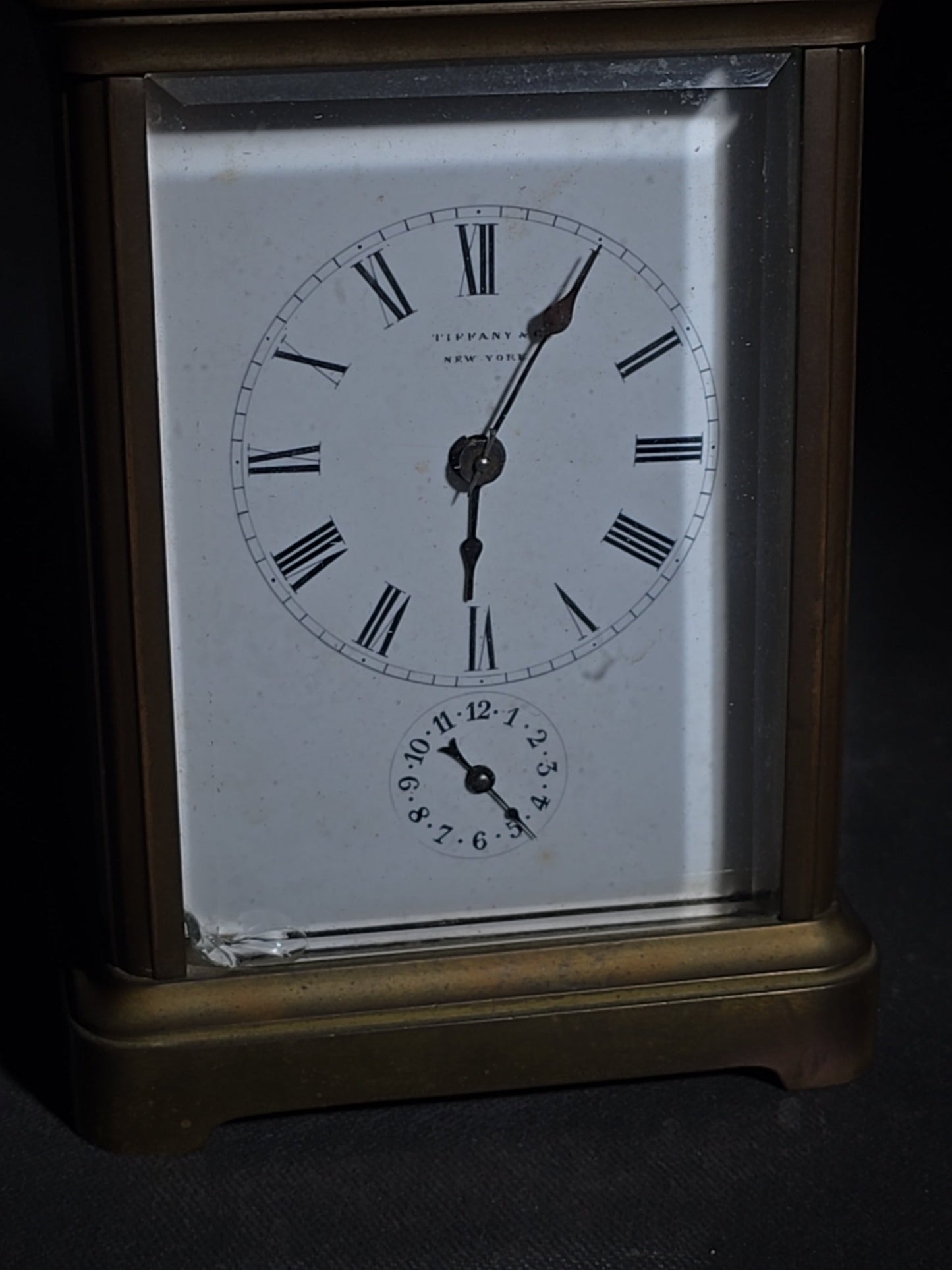 Antique Tiffany & Co. Brass Carriage Clock with Alarm, Beveled Glass Panels, and Roman Numeral Dial, New York, Chipped