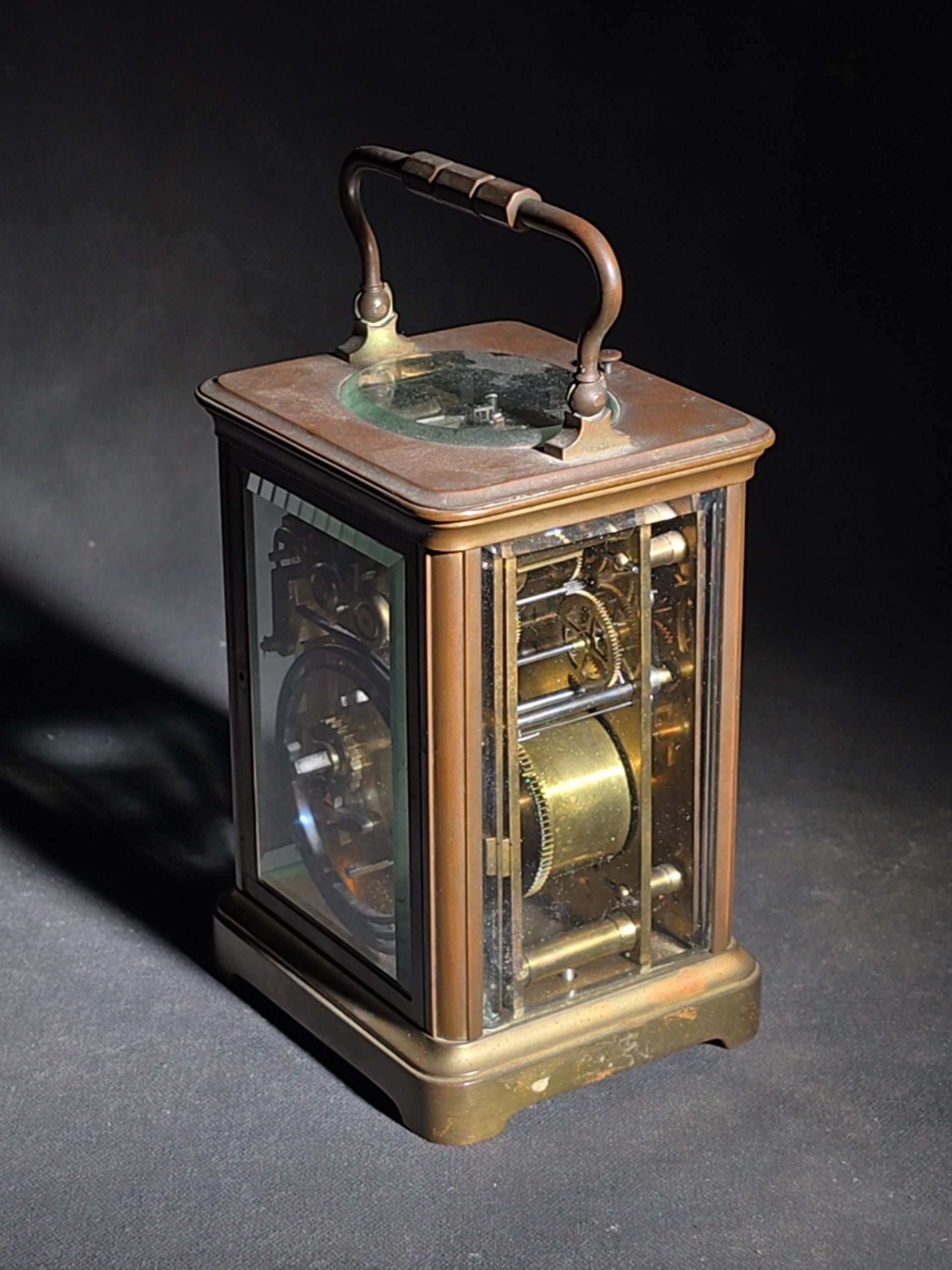 Antique Tiffany & Co. Brass Carriage Clock with Alarm, Beveled Glass Panels, and Roman Numeral Dial, New York, Chipped
