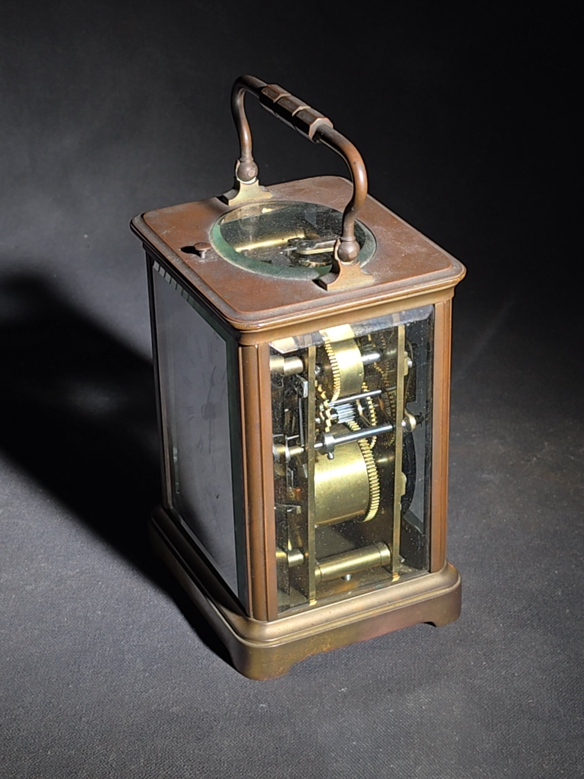 Antique Tiffany & Co. Brass Carriage Clock with Alarm, Beveled Glass Panels, and Roman Numeral Dial, New York, Chipped