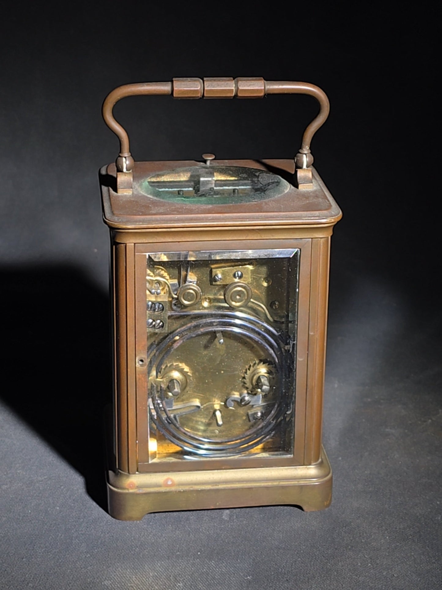 Antique Tiffany & Co. Brass Carriage Clock with Alarm, Beveled Glass Panels, and Roman Numeral Dial, New York, Chipped