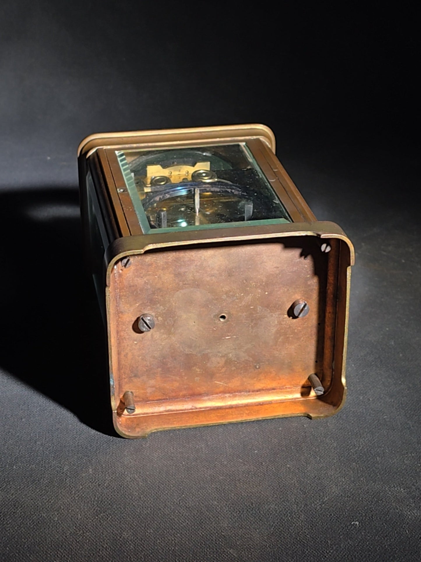 Antique Tiffany & Co. Brass Carriage Clock with Alarm, Beveled Glass Panels, and Roman Numeral Dial, New York, Chipped
