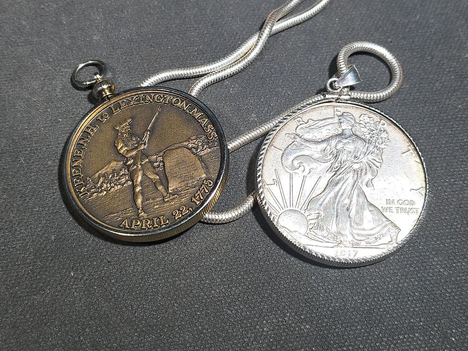 Grouping of Antique and Reproduction Coins, Coin Pendants, Bead Necklaces, and Carved Pendant including 1883 Morgan Dollar and Seated Liberty Coin Jewelry
