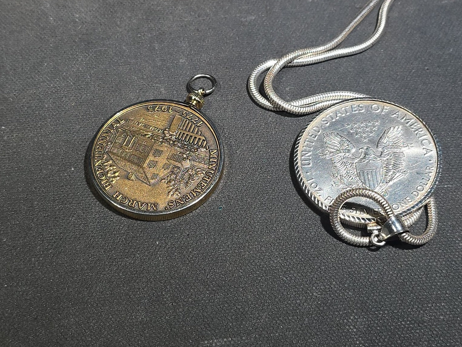Grouping of Antique and Reproduction Coins, Coin Pendants, Bead Necklaces, and Carved Pendant including 1883 Morgan Dollar and Seated Liberty Coin Jewelry