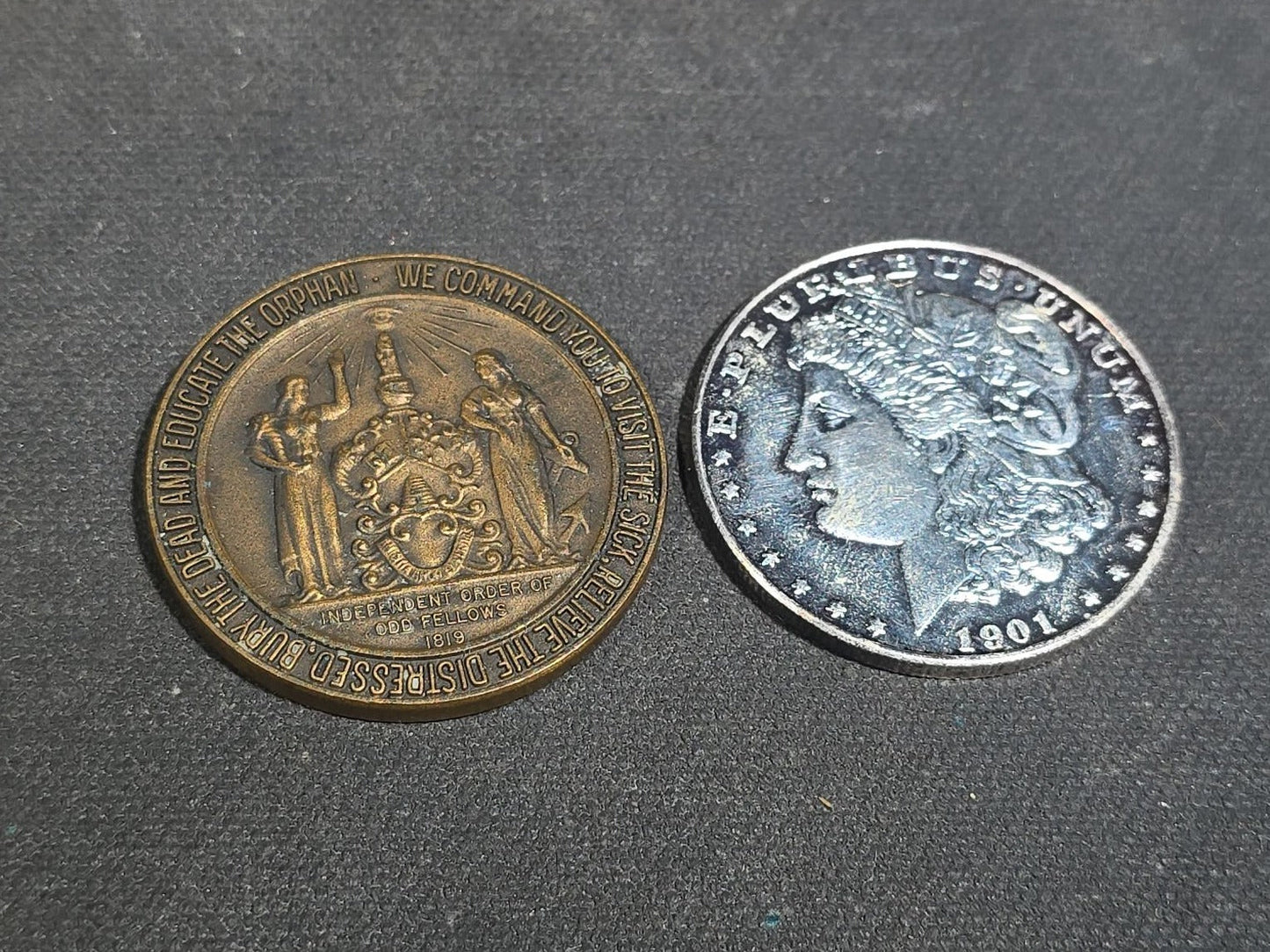 Grouping of Antique and Reproduction Coins, Coin Pendants, Bead Necklaces, and Carved Pendant including 1883 Morgan Dollar and Seated Liberty Coin Jewelry