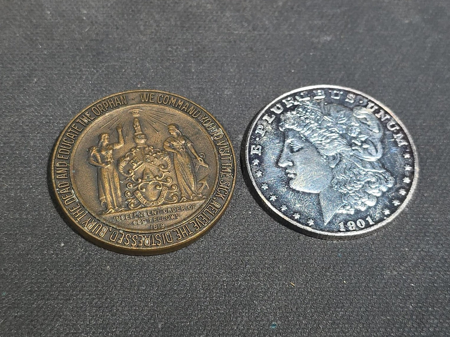 Grouping of Antique and Reproduction Coins, Coin Pendants, Bead Necklaces, and Carved Pendant including 1883 Morgan Dollar and Seated Liberty Coin Jewelry