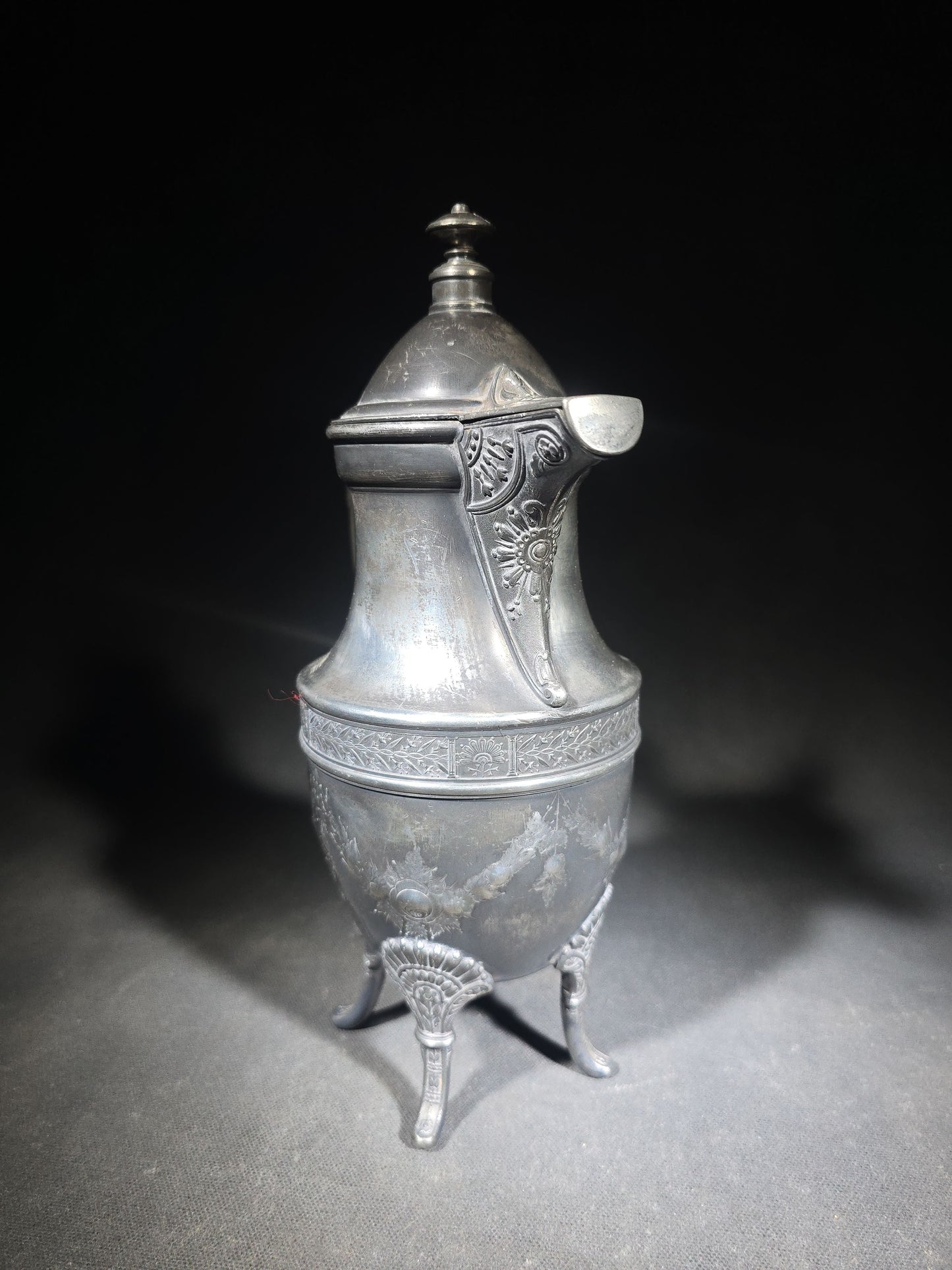 Pair of Antique Silverplate Serving Pieces including Reed & Barton Footed Coffeepot No. 2930 and Monogrammed Spherical Teapot with Lion Mask and Paw Feet