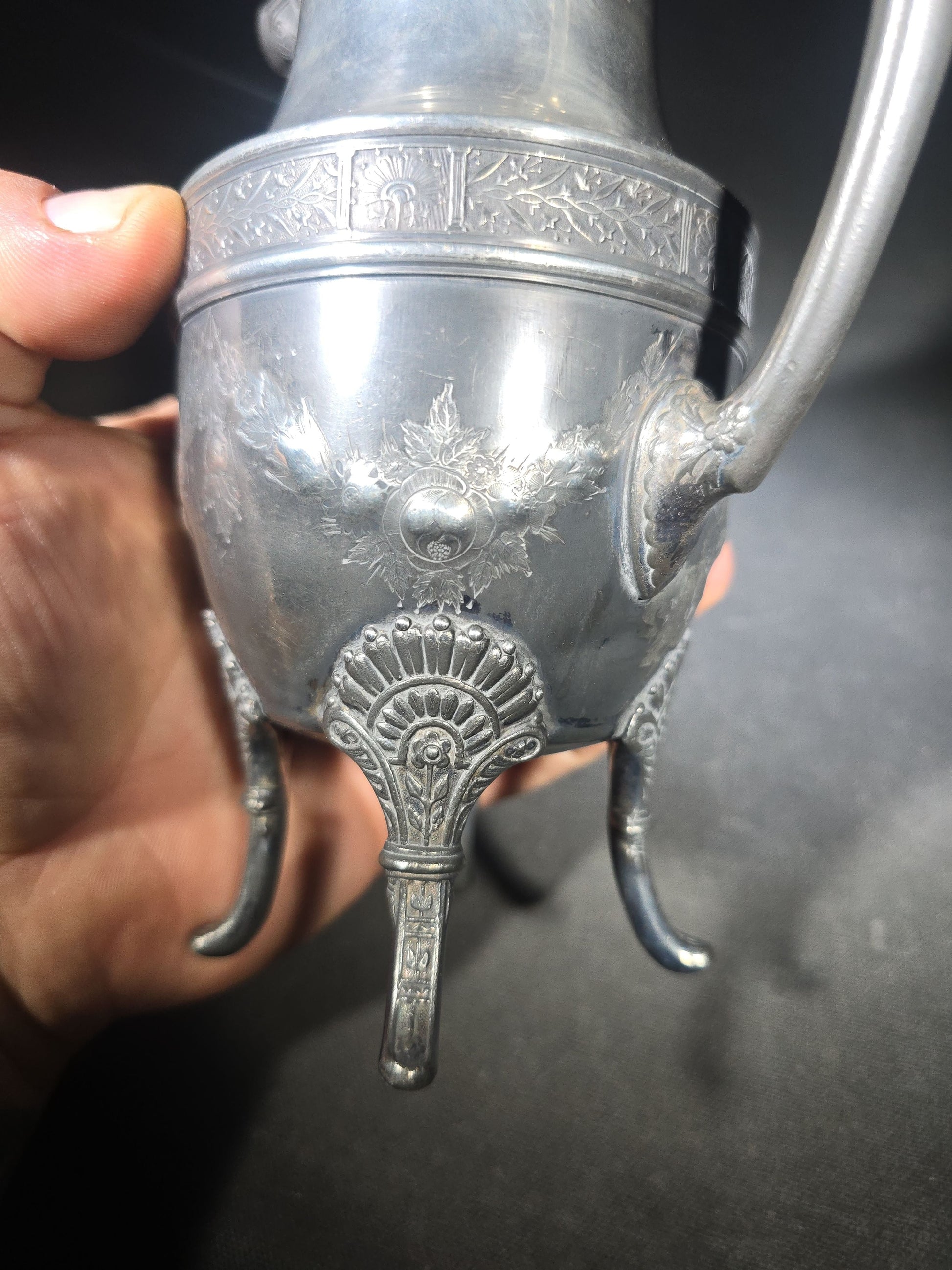 Pair of Antique Silverplate Serving Pieces including Reed & Barton Footed Coffeepot No. 2930 and Monogrammed Spherical Teapot with Lion Mask and Paw Feet