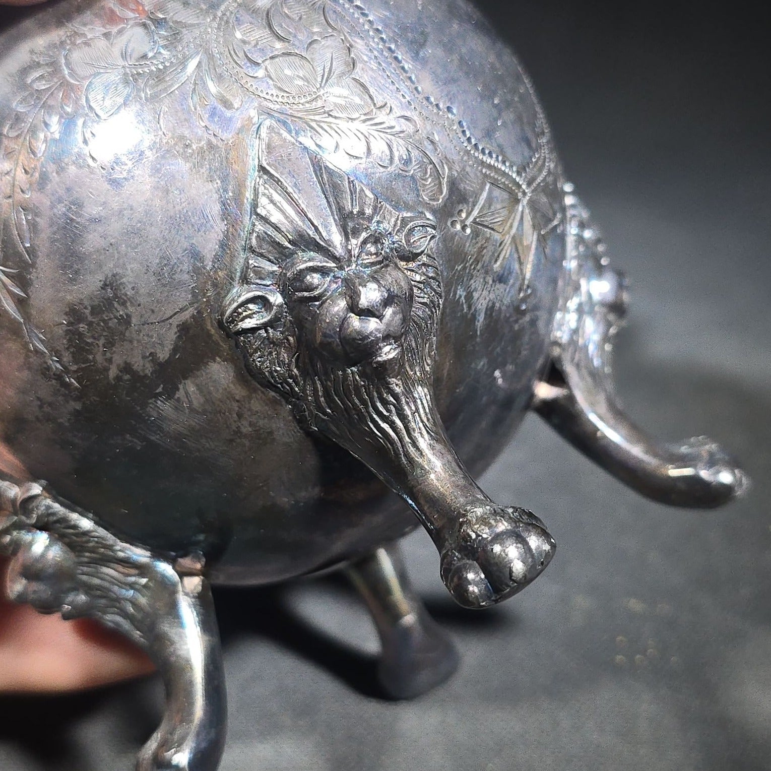 Pair of Antique Silverplate Serving Pieces including Reed & Barton Footed Coffeepot No. 2930 and Monogrammed Spherical Teapot with Lion Mask and Paw Feet