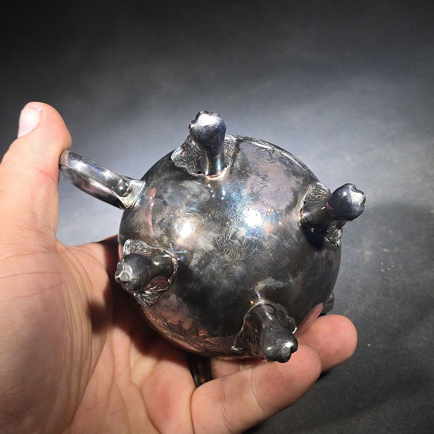 Pair of Antique Silverplate Serving Pieces including Reed & Barton Footed Coffeepot No. 2930 and Monogrammed Spherical Teapot with Lion Mask and Paw Feet