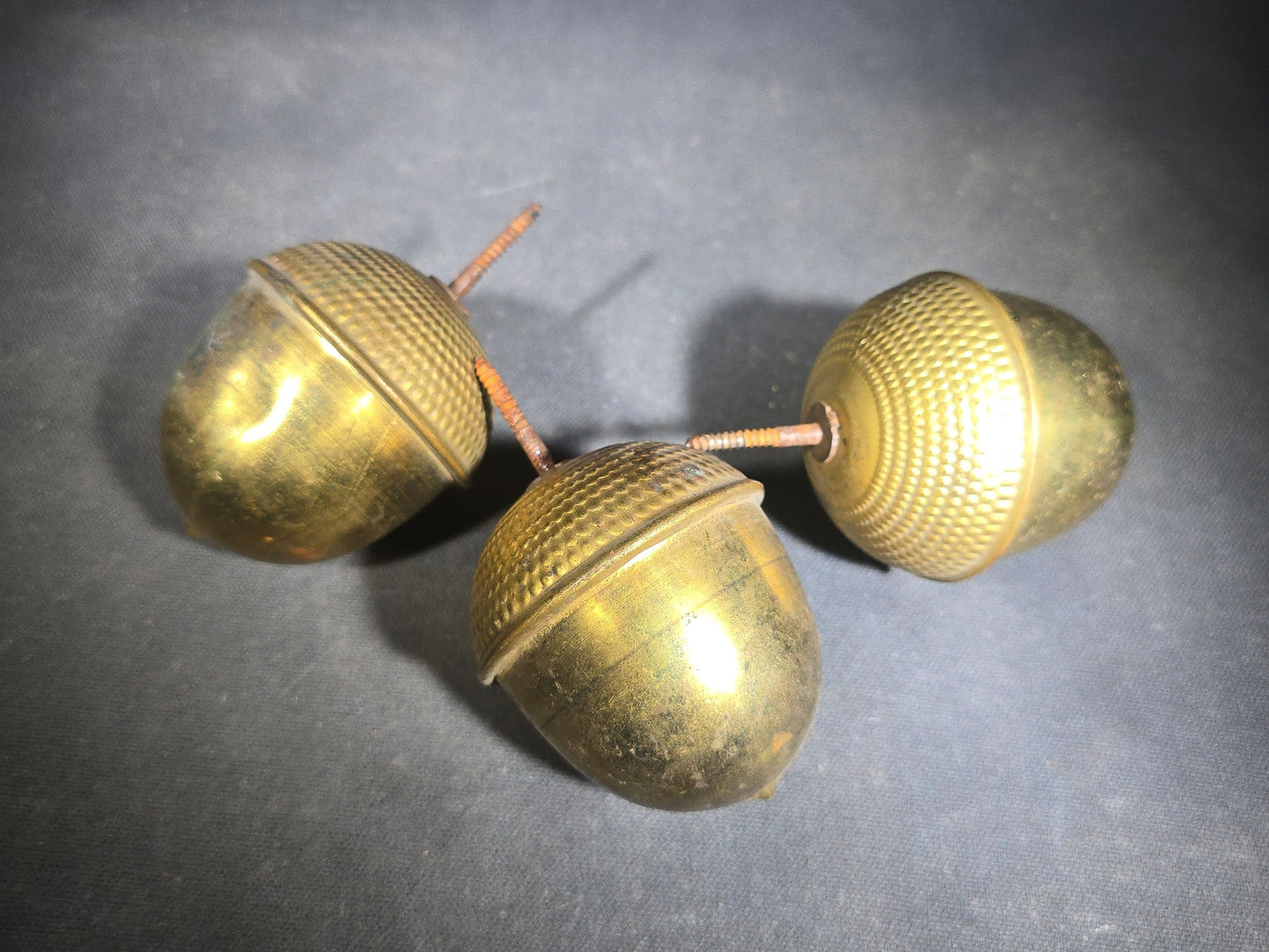 Trio of Antique Brass Acorn Finials with Knurled Caps and Threaded Mounting Screws