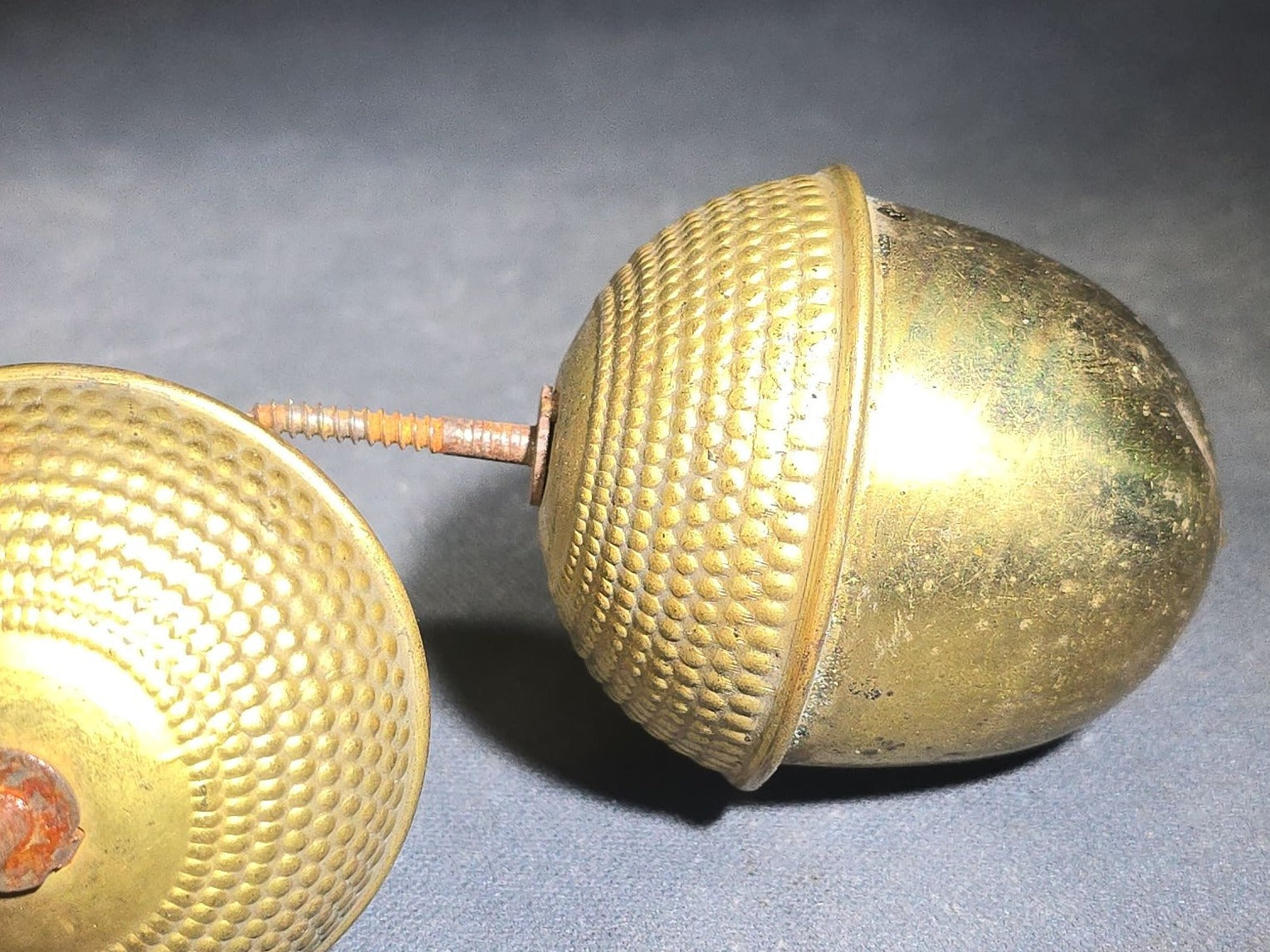 Trio of Antique Brass Acorn Finials with Knurled Caps and Threaded Mounting Screws