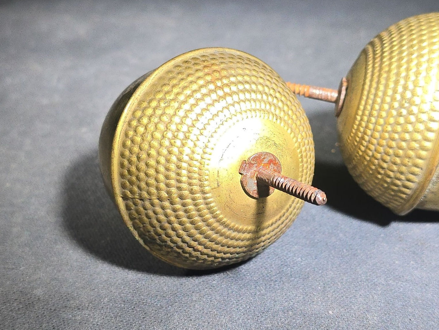 Trio of Antique Brass Acorn Finials with Knurled Caps and Threaded Mounting Screws