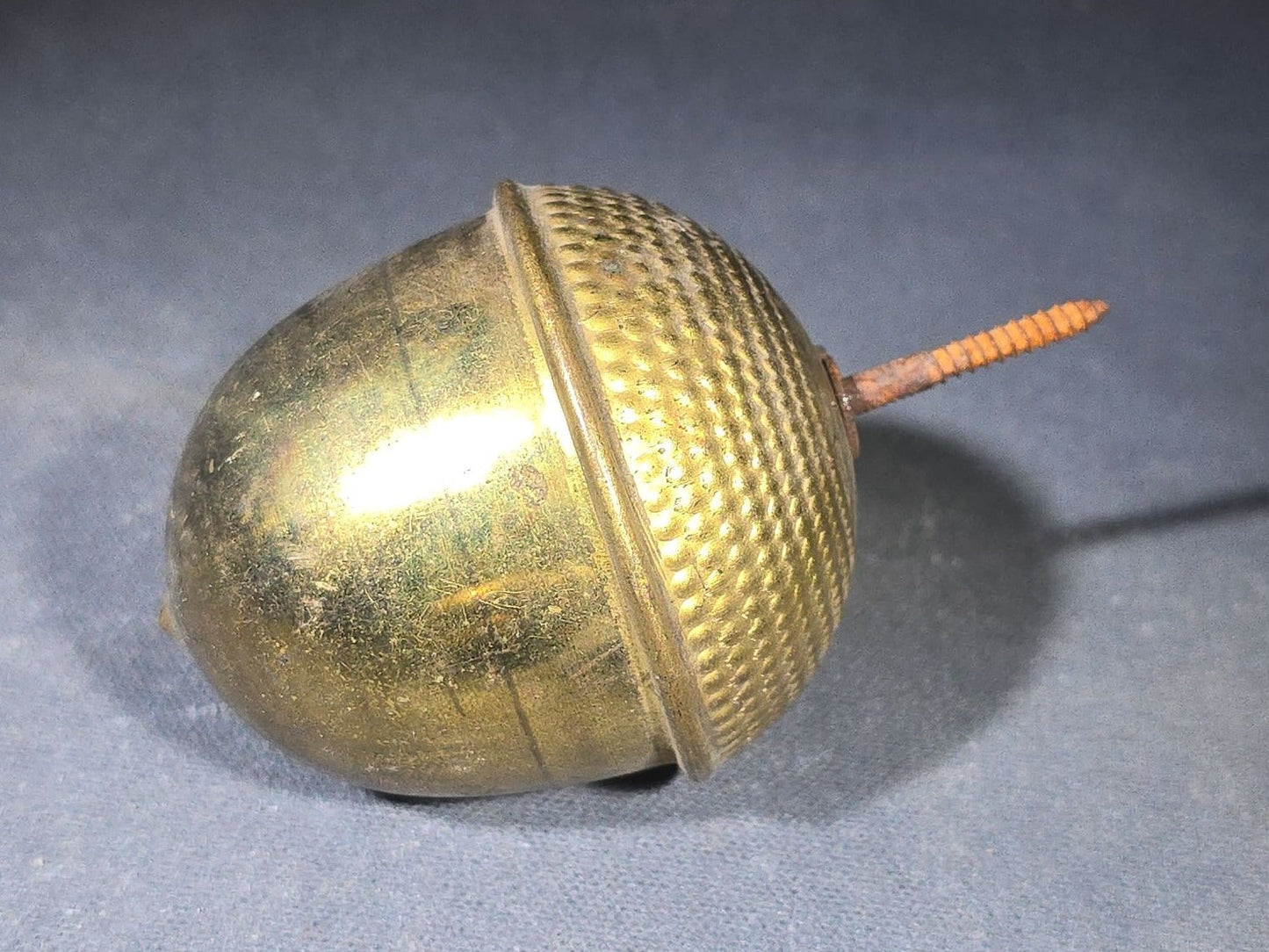 Trio of Antique Brass Acorn Finials with Knurled Caps and Threaded Mounting Screws