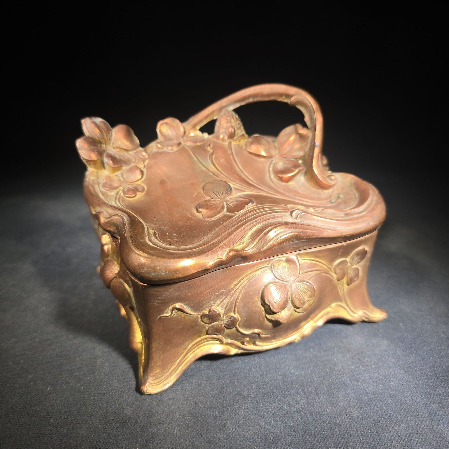 Antique Art Nouveau Gold-Tone Footed Jewelry Casket with Clover Motif and Loop Handle, Marked J.B., No. 645