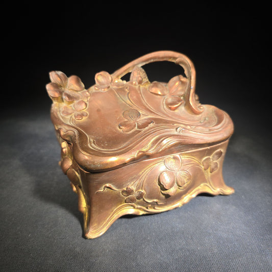 Antique Art Nouveau Gold-Tone Footed Jewelry Casket with Clover Motif and Loop Handle, Marked J.B., No. 645