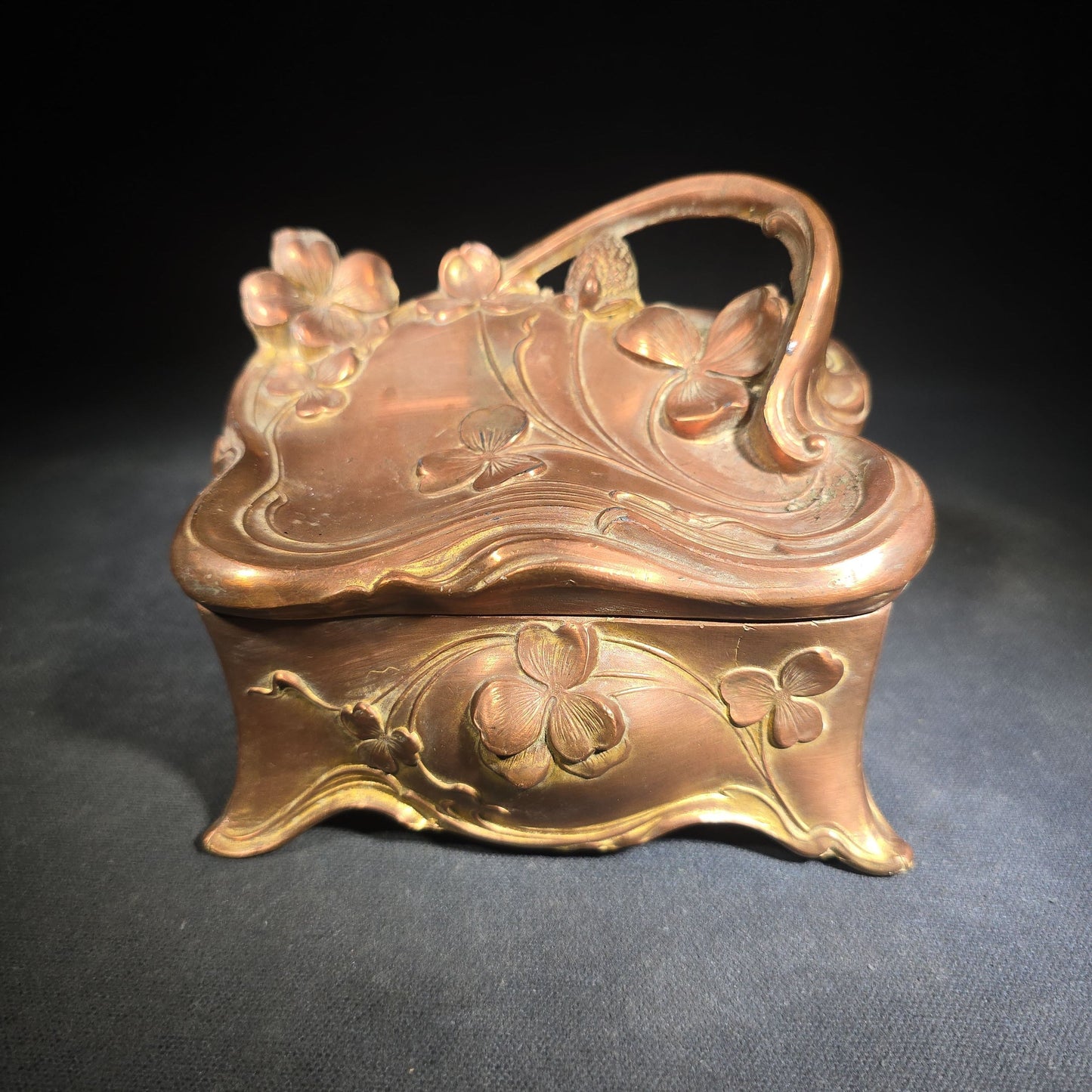 Antique Art Nouveau Gold-Tone Footed Jewelry Casket with Clover Motif and Loop Handle, Marked J.B., No. 645
