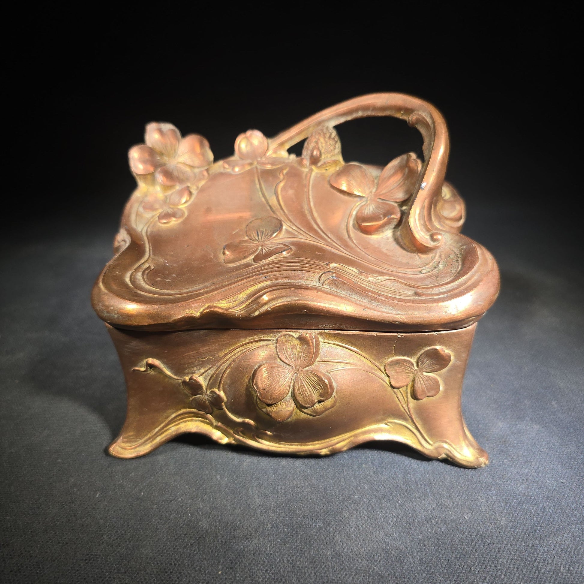 Antique Art Nouveau Gold-Tone Footed Jewelry Casket with Clover Motif and Loop Handle, Marked J.B., No. 645