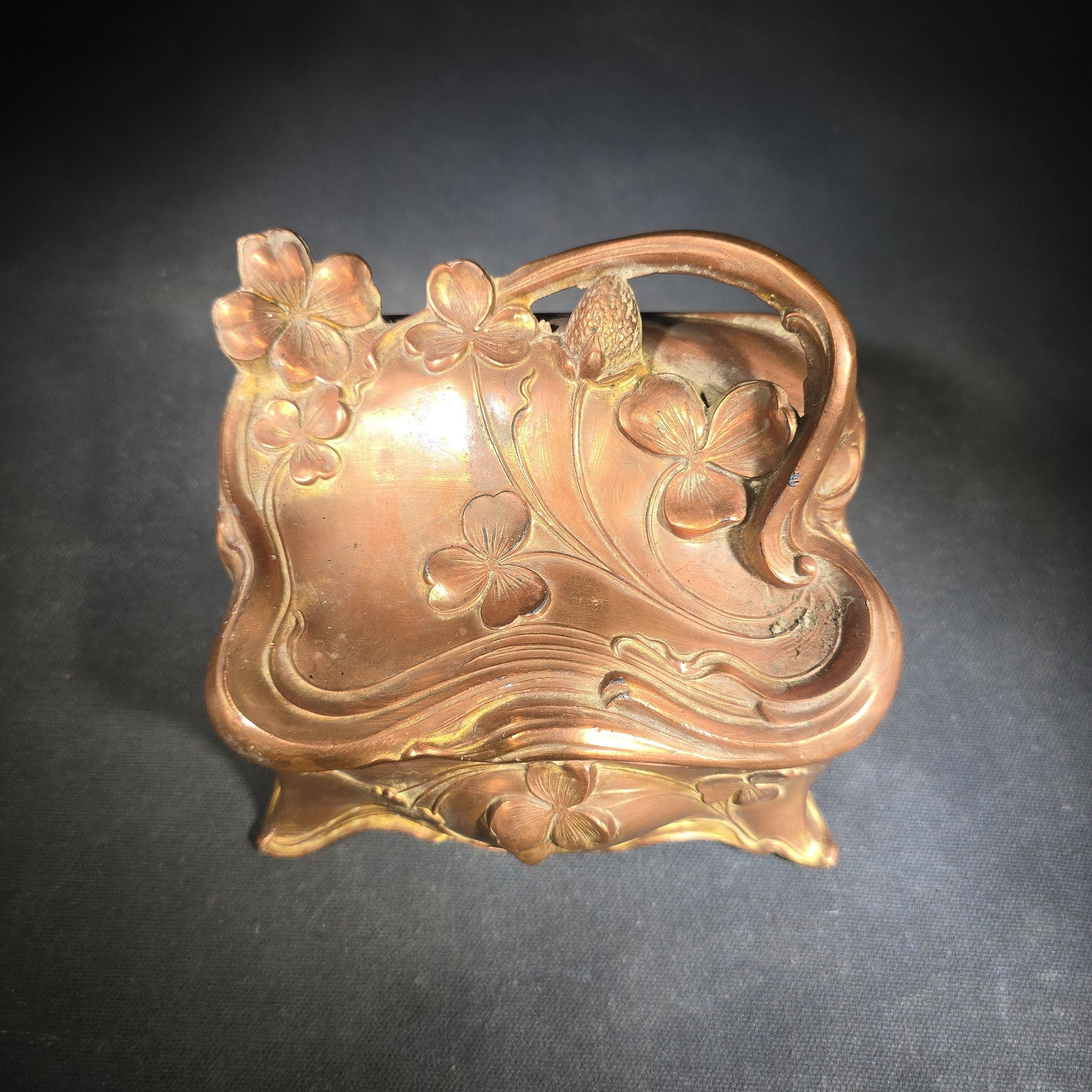 Antique Art Nouveau Gold-Tone Footed Jewelry Casket with Clover Motif and Loop Handle, Marked J.B., No. 645