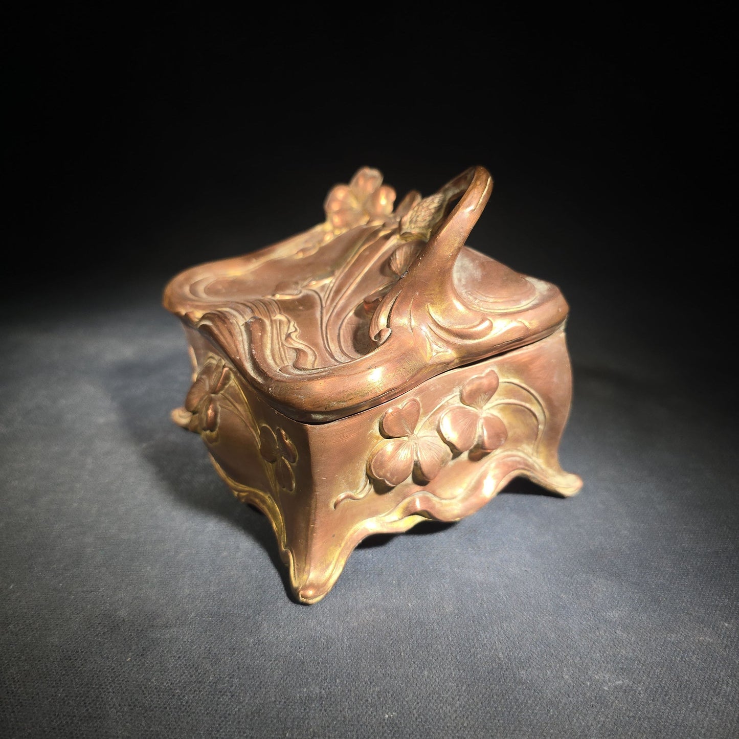 Antique Art Nouveau Gold-Tone Footed Jewelry Casket with Clover Motif and Loop Handle, Marked J.B., No. 645