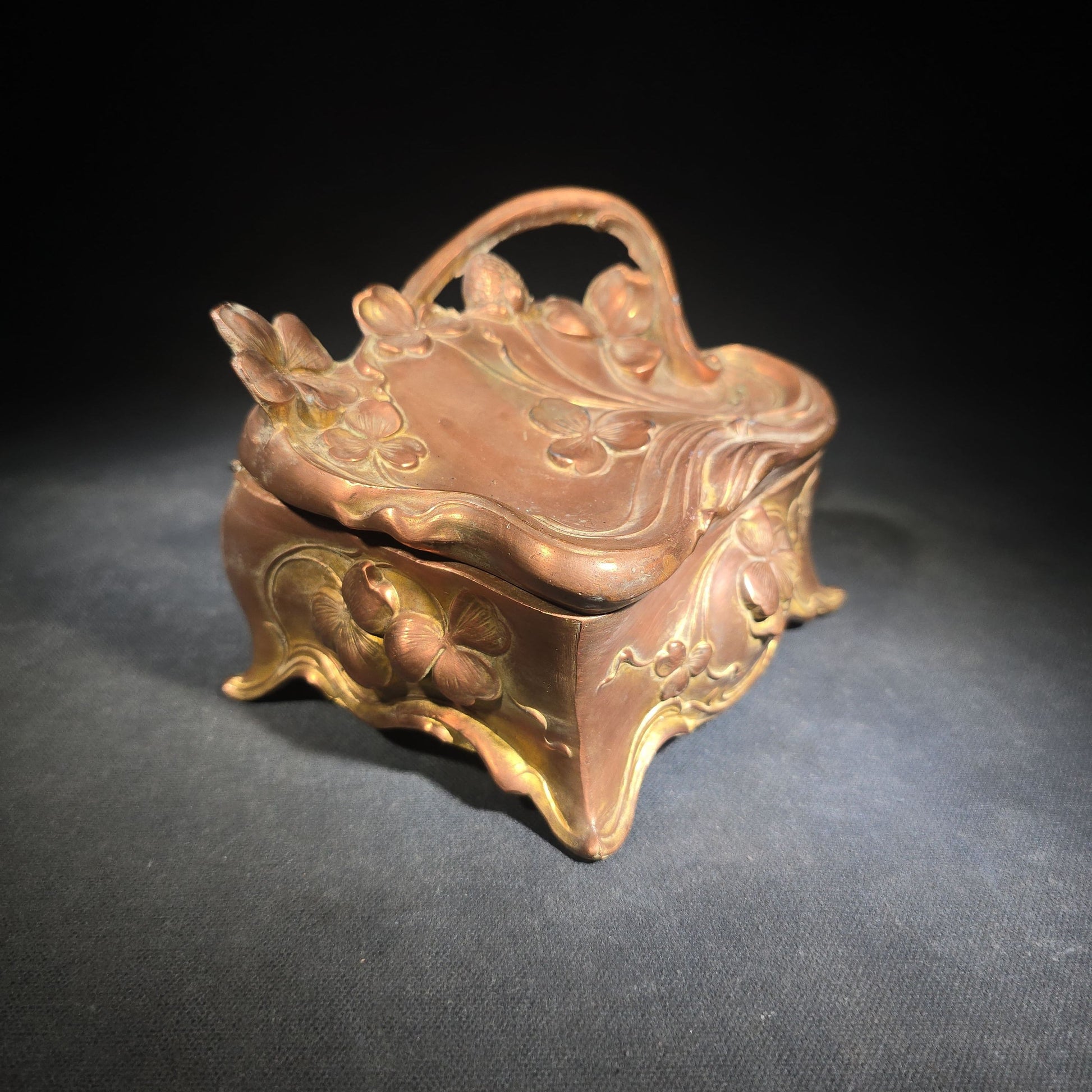 Antique Art Nouveau Gold-Tone Footed Jewelry Casket with Clover Motif and Loop Handle, Marked J.B., No. 645