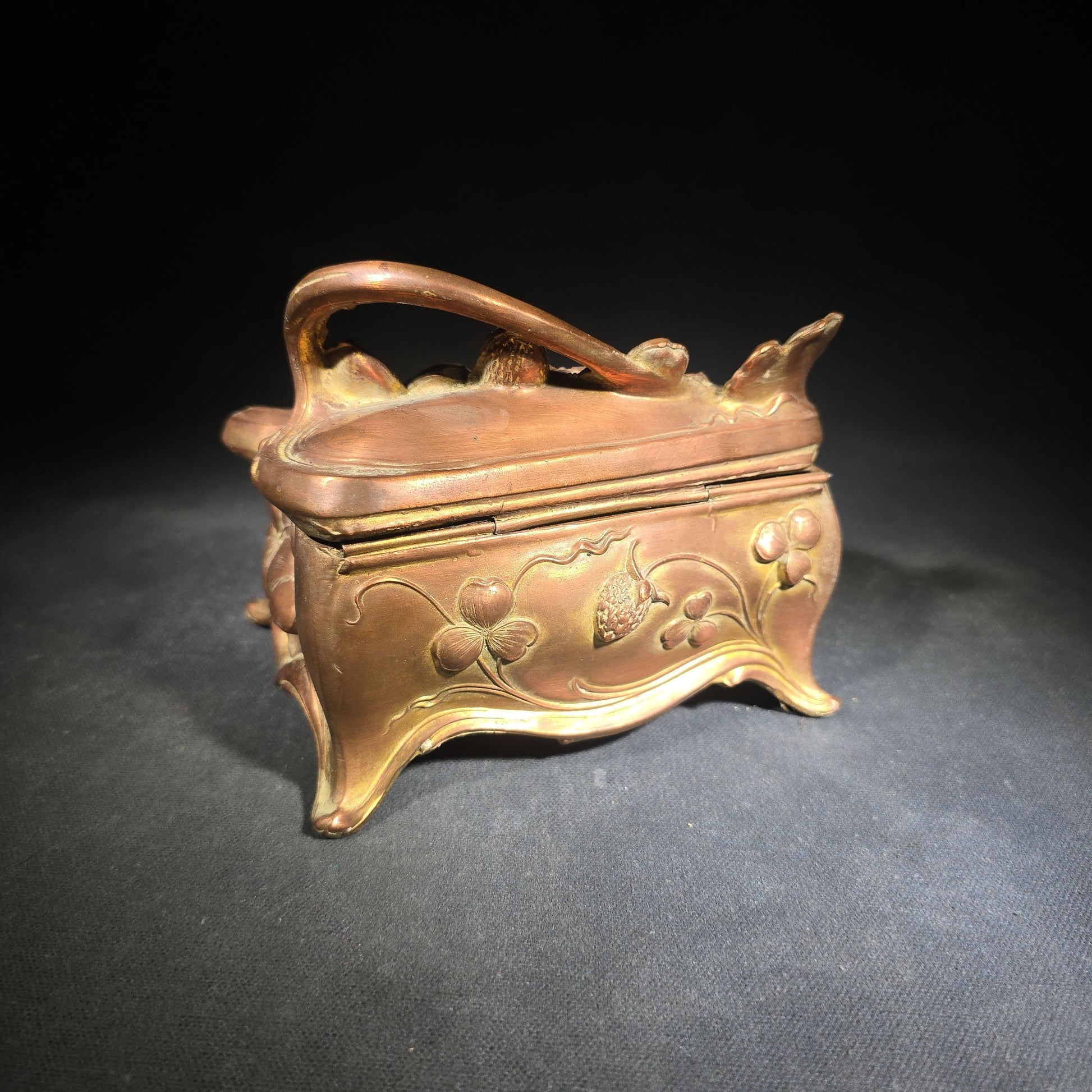 Antique Art Nouveau Gold-Tone Footed Jewelry Casket with Clover Motif and Loop Handle, Marked J.B., No. 645