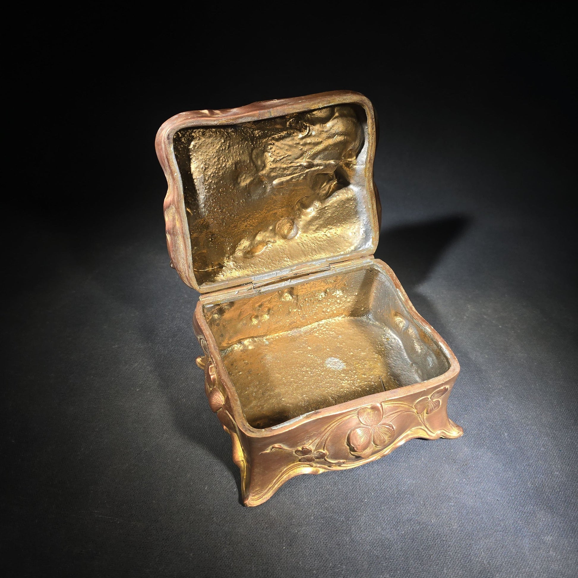 Antique Art Nouveau Gold-Tone Footed Jewelry Casket with Clover Motif and Loop Handle, Marked J.B., No. 645