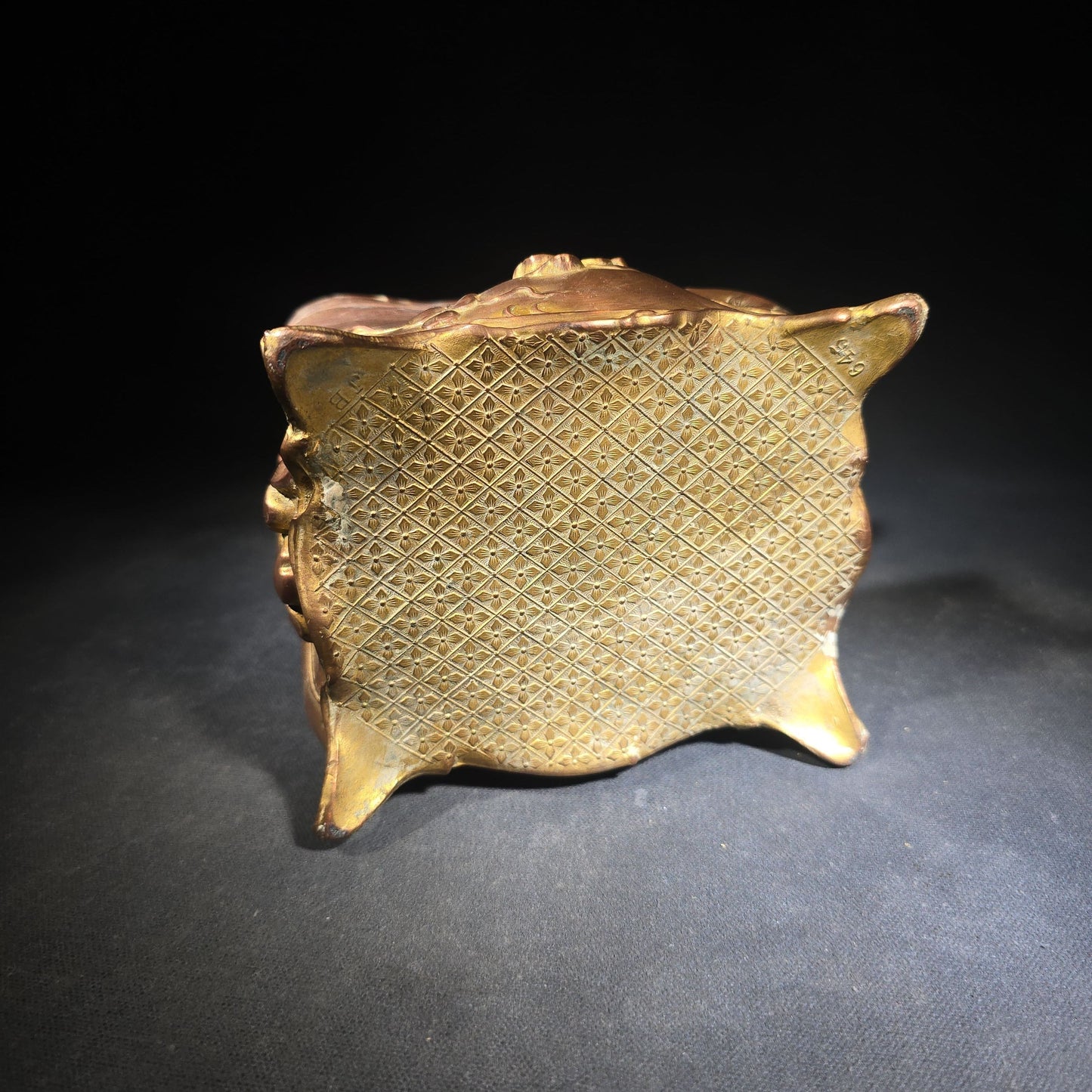 Antique Art Nouveau Gold-Tone Footed Jewelry Casket with Clover Motif and Loop Handle, Marked J.B., No. 645