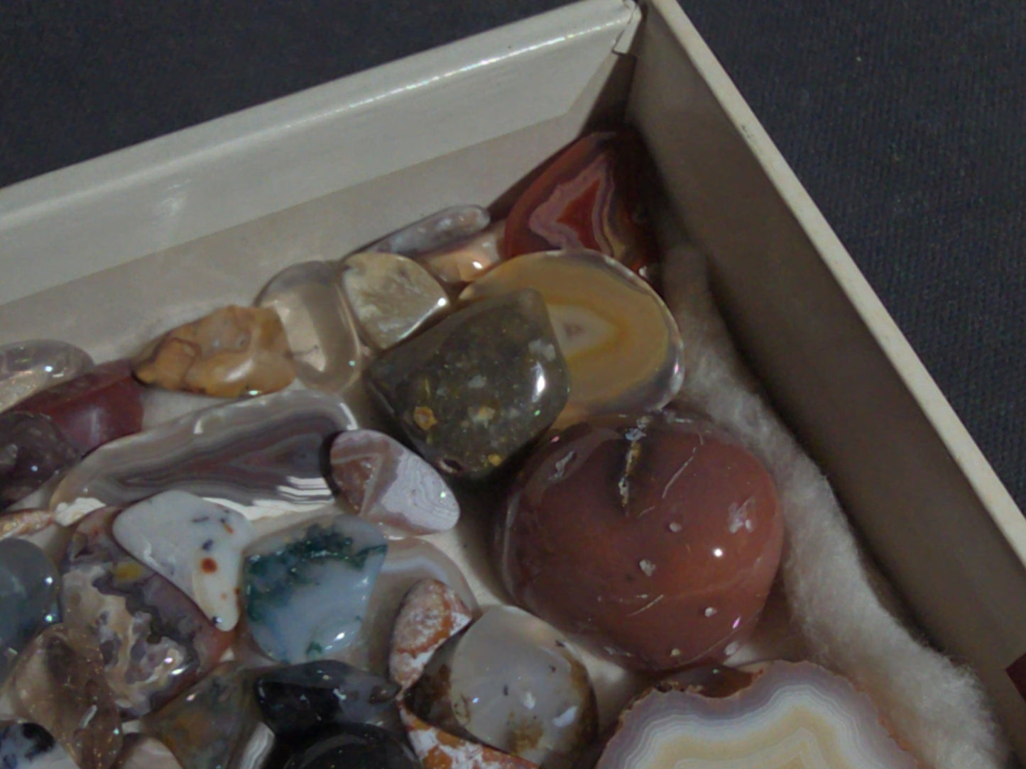 Grouping of Polished Stones and Mineral Specimens Including Agate Slices, Tumbled Agates, and Cabochons