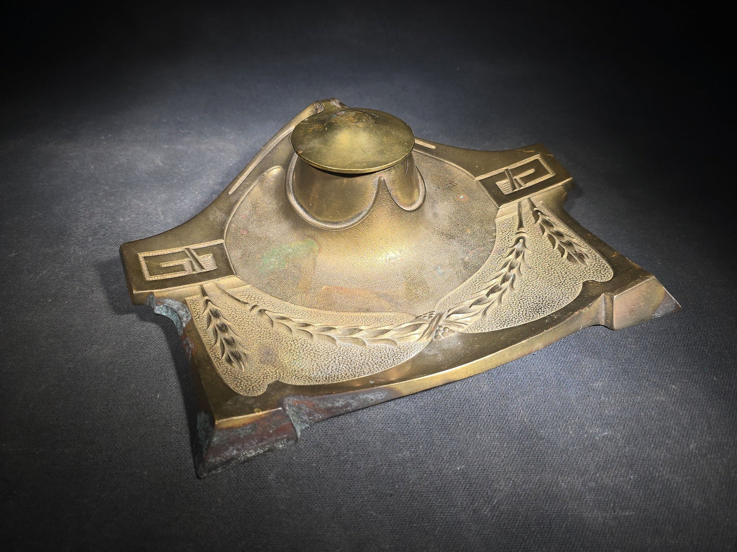 Antique Art Nouveau Brass Inkwell with Laurel Garland Swags and Greek Key Corners, Missing Glass Insert