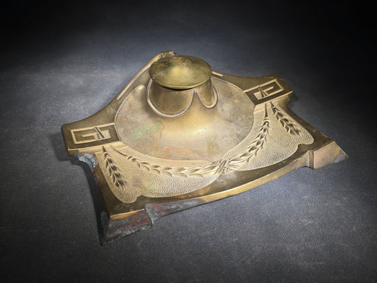 Antique Art Nouveau Brass Inkwell with Laurel Garland Swags and Greek Key Corners, Missing Glass Insert
