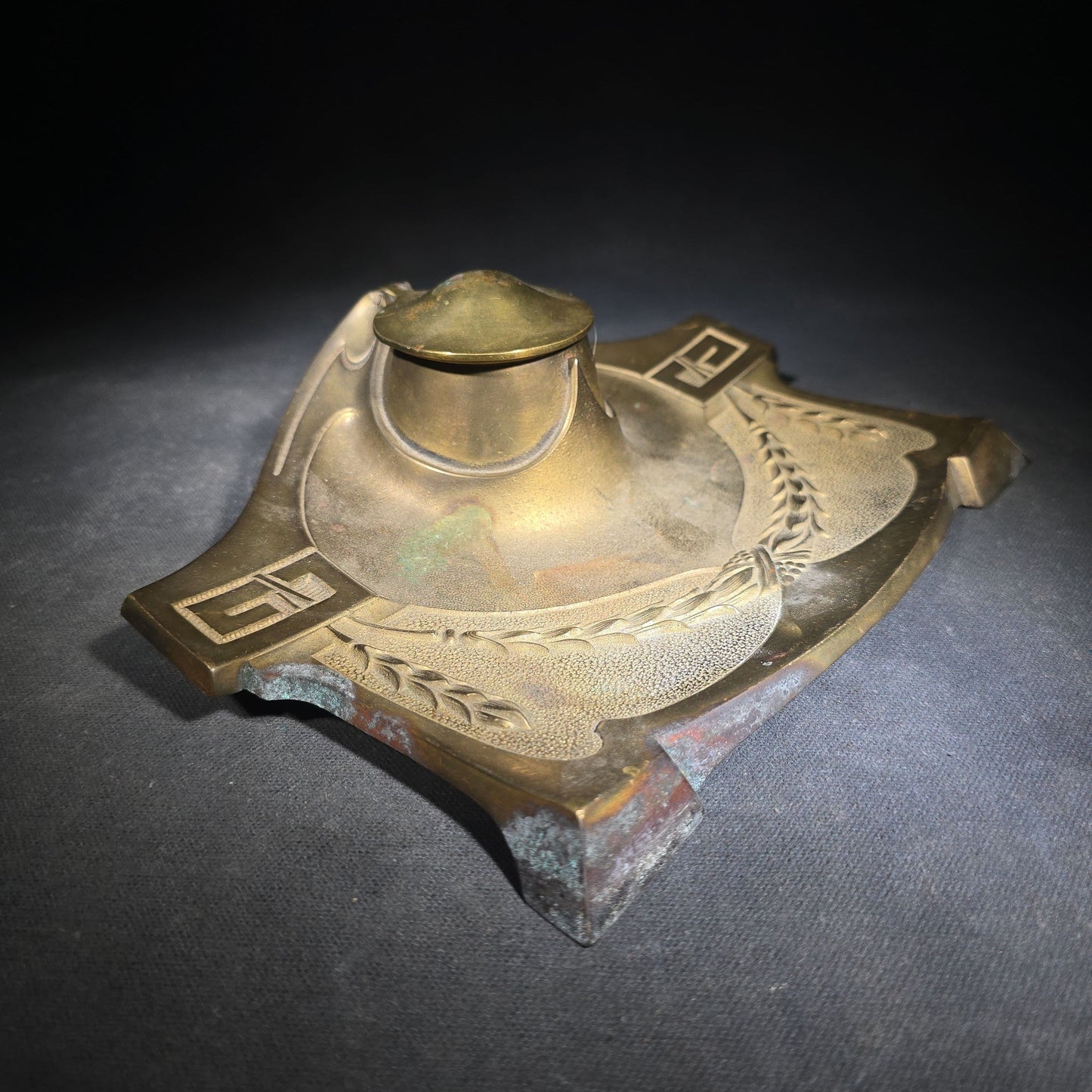 Antique Art Nouveau Brass Inkwell with Laurel Garland Swags and Greek Key Corners, Missing Glass Insert