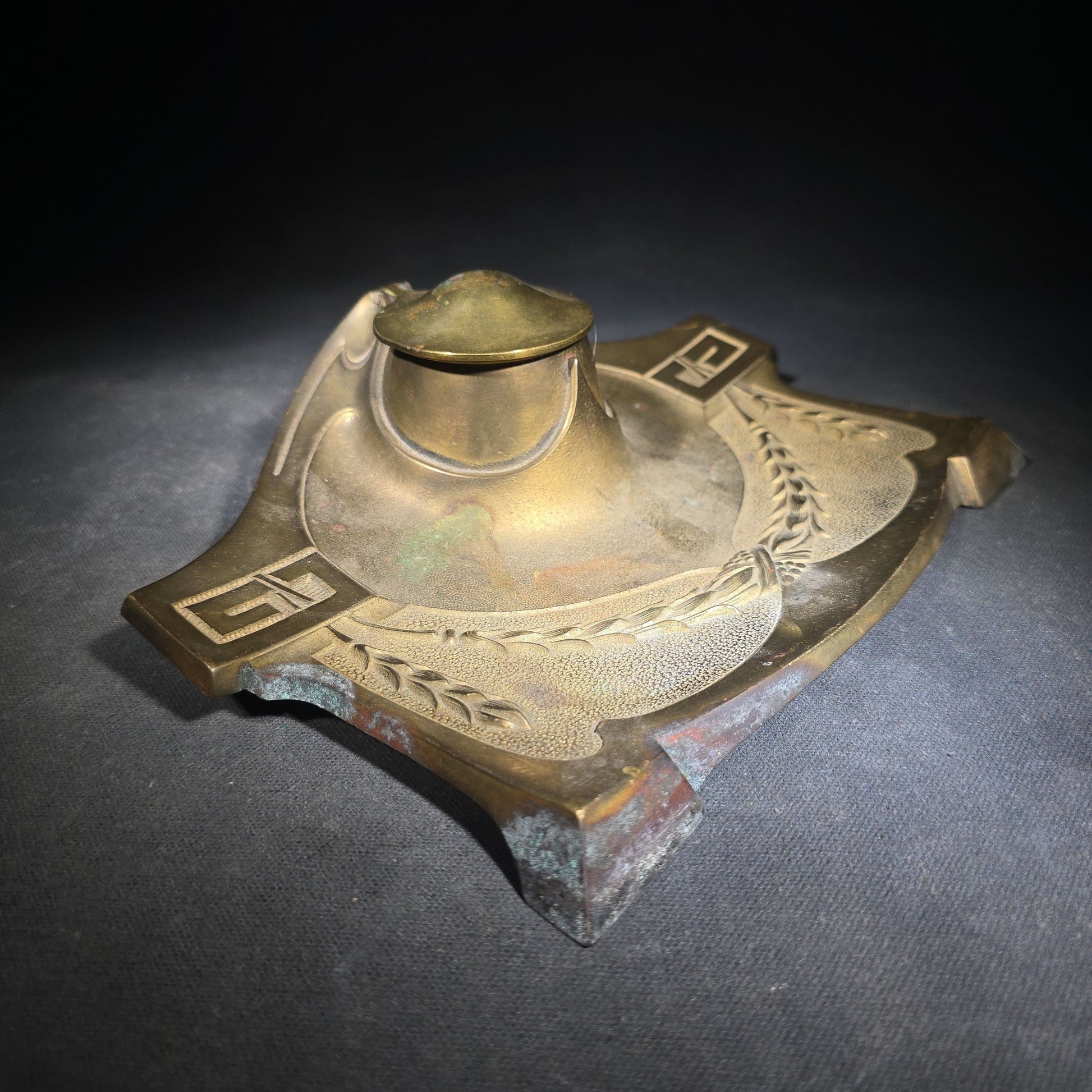 Antique Art Nouveau Brass Inkwell with Laurel Garland Swags and Greek Key Corners, Missing Glass Insert