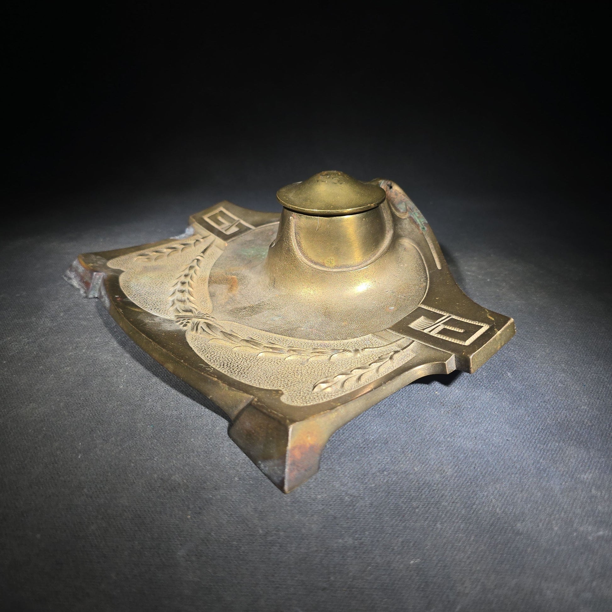 Antique Art Nouveau Brass Inkwell with Laurel Garland Swags and Greek Key Corners, Missing Glass Insert